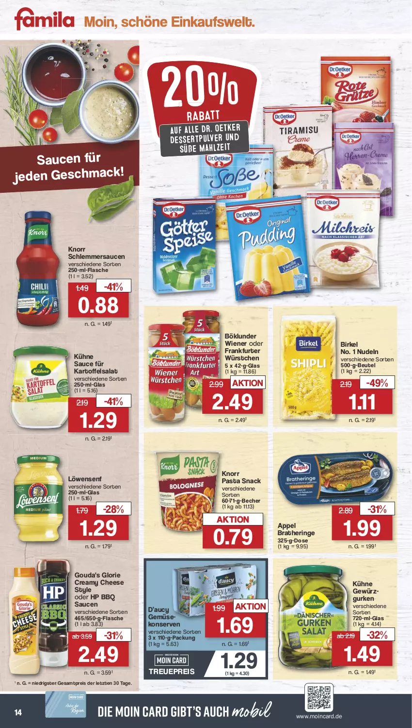 Aktueller Prospekt Famila - Prospekte - von 31.07 bis 05.08.2023 - strona 14 - produkty: Becher, beutel, birkel, böklunder, Bratheringe, dessert, Dr. Oetker, eis, flasche, frankfurter, Gemüsekonserve, gewürz, Gewürzgurke, gewürzgurken, gouda, gurke, gurken, hering, HP, kartoffel, kartoffelsalat, knorr, knorr pasta, Konserven, Kühne, löwensenf, mac, nudel, nudeln, pasta, pasta snack, reis, ring, salat, sauce, saucen, schlemmersauce, schlemmersaucen, senf, snack, Ti, wiener, würstchen, ZTE