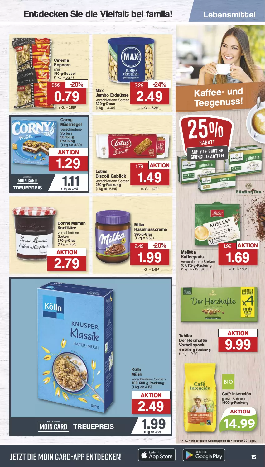 Aktueller Prospekt Famila - Prospekte - von 31.07 bis 05.08.2023 - strona 16 - produkty: beutel, biscoff, bohne, bohnen, bonne maman, cin, corny, creme, decke, eis, erdnüsse, haselnuss, Haselnusscreme, jumbo, kaffee, kaffeepads, kölln, konfitüre, lebensmittel, mam, melitta, milka, müsli, Müsliriegel, nuss, popcorn, reis, riegel, Tchibo, tee, Ti, ZTE