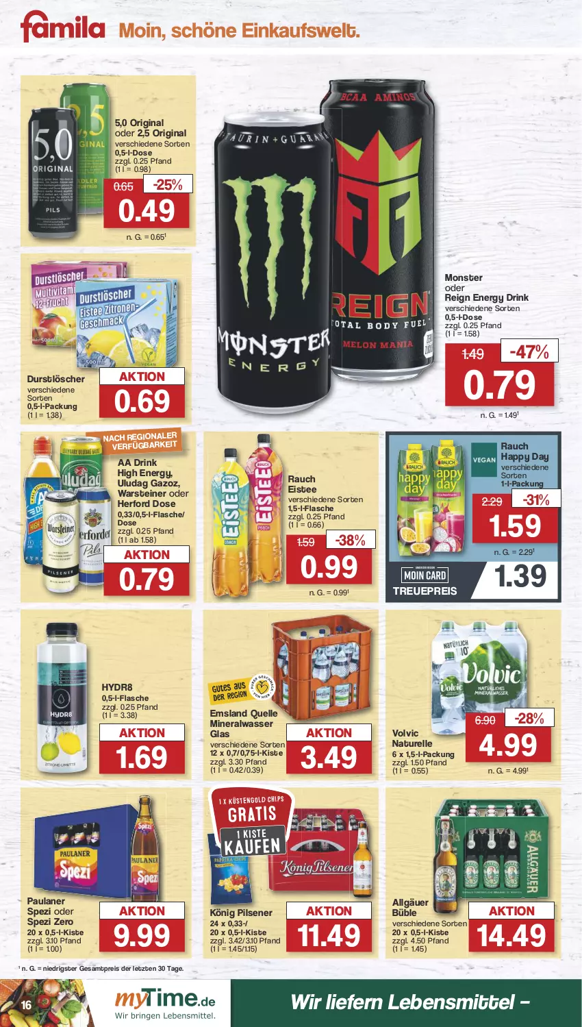 Aktueller Prospekt Famila - Prospekte - von 31.07 bis 05.08.2023 - strona 17 - produkty: Alwa, drink, durstlöscher, eis, eistee, elle, energy drink, flasche, gin, Happy Day, könig pilsener, lebensmittel, LG, mineralwasser, monster, natur, Paula, paulaner, pils, pilsener, Rauch, reis, rel, Spezi, steiner, tee, Ti, volvic, warsteiner, wasser, ZTE