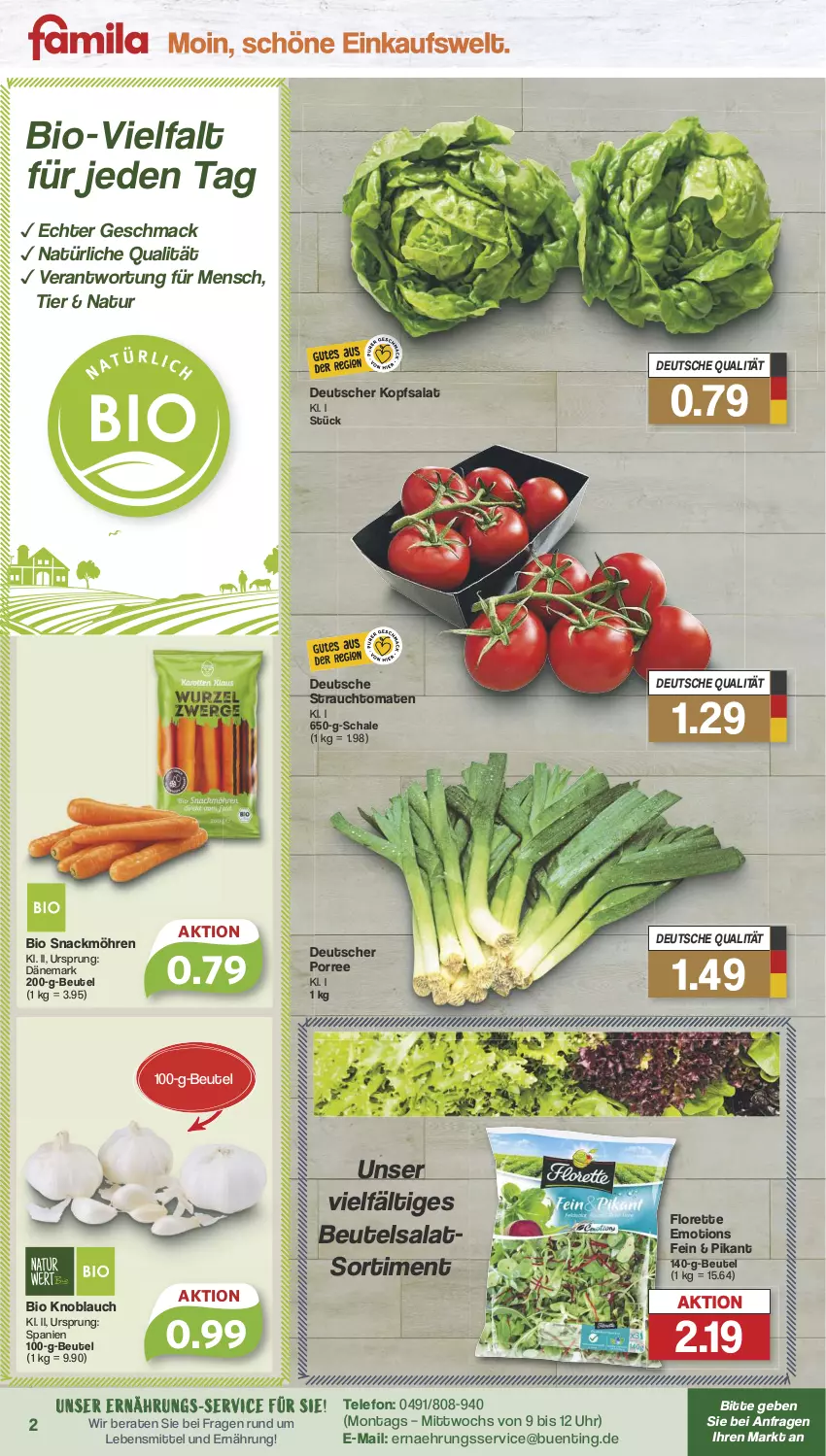 Aktueller Prospekt Famila - Prospekte - von 31.07 bis 05.08.2023 - strona 2 - produkty: beutel, bio, florette, knoblauch, kopfsalat, lebensmittel, mac, möhren, natur, Rauch, salat, Schal, Schale, snack, strauchtomaten, telefon, Ti, tomate, tomaten, uhr