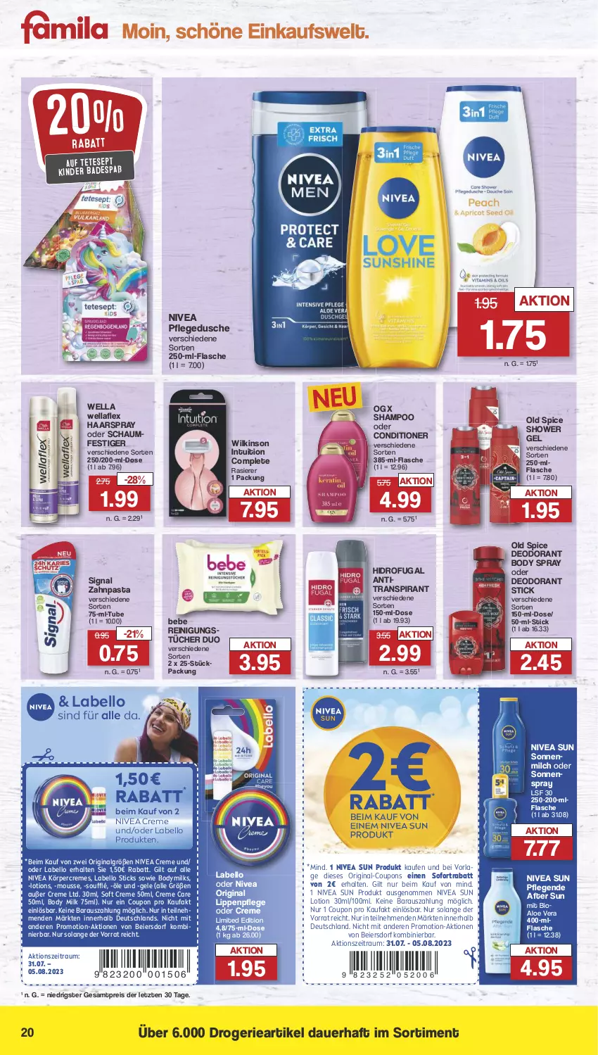 Aktueller Prospekt Famila - Prospekte - von 31.07 bis 05.08.2023 - strona 21 - produkty: after sun, aloe vera, Antitranspirant, auer, Bad, Bebe, bio, body, body milk, Bodymilk, coupon, coupons, creme, deo, deodorant, dusche, eier, eis, flasche, gin, haarspray, Kinder, Kinder Badespaß, Körpercreme, Labello, LG, Lippenpflege, Lotion, milch, mousse, nivea, nivea sun, oder schaumfestiger, Old Spice, pasta, pflegedusche, rasierer, Reinigung, reinigungstücher, reis, schaumfestiger, shampoo, Signal, sofortrabatt, sonnenmilch, sonnenspray, Sun Lotion, Ti, tücher, Wella, wellaflex, wilkinson, zahnpasta, ZTE