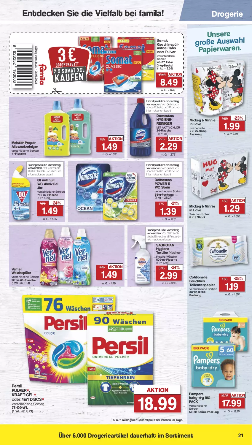 Aktueller Prospekt Famila - Prospekte - von 31.07 bis 05.08.2023 - strona 22 - produkty: allzweckreiniger, auer, baby-dry, beutel, bio, biozidprodukte, cottonelle, decke, domestos, eis, elle, feuchtes toilettenpapier, flasche, geschirr, geschirrspülmittel, kraft, küche, Küchen, küchenrolle, Meister, meister proper, pampers, papier, persil, Rauch, reiniger, reis, rwe, sagrotan, sofortrabatt, somat, spülmittel, Tasche, taschen, taschentücher, Textilerfrischer, Ti, toilettenpapier, tücher, vernel, weck, weichspüler, ZTE