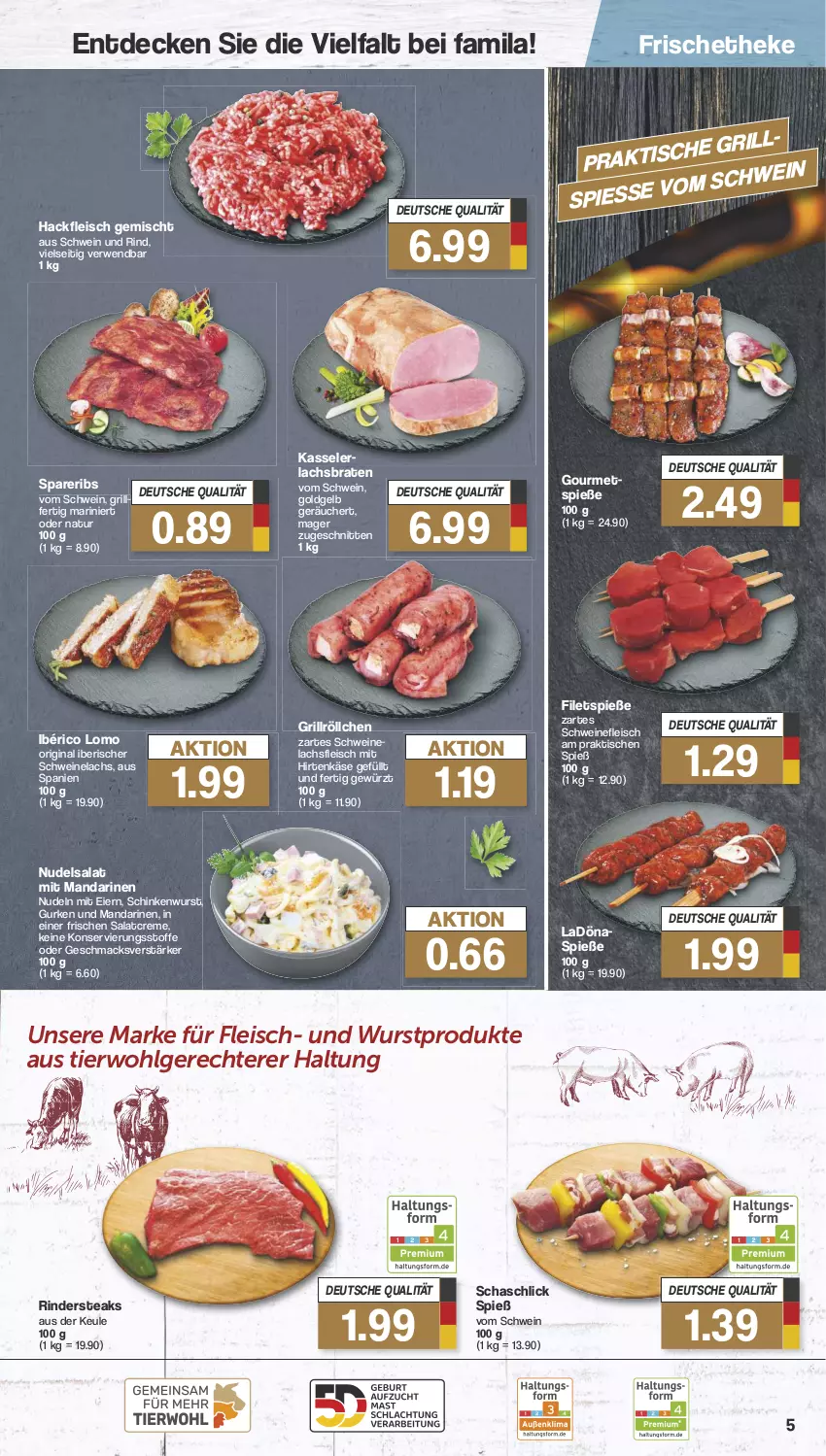 Aktueller Prospekt Famila - Prospekte - von 31.07 bis 05.08.2023 - strona 5 - produkty: braten, creme, decke, eier, eis, filet, filets, fleisch, gewürz, gin, grill, gurke, gurken, hackfleisch, hackfleisch gemischt, hirtenkäse, Käse, kasseler, lachs, Lachsbraten, LG, mac, mandarine, mandarinen, natur, nudel, nudeln, nudelsalat, rind, rinder, Rindersteak, rwe, salat, salatcreme, schinken, schinkenwurst, schnitten, schwein, schwein und rind, schweine, schweinefleisch, Schweinelachs, spareribs, steak, steaks, Ti, tisch, wein, weine, wurst