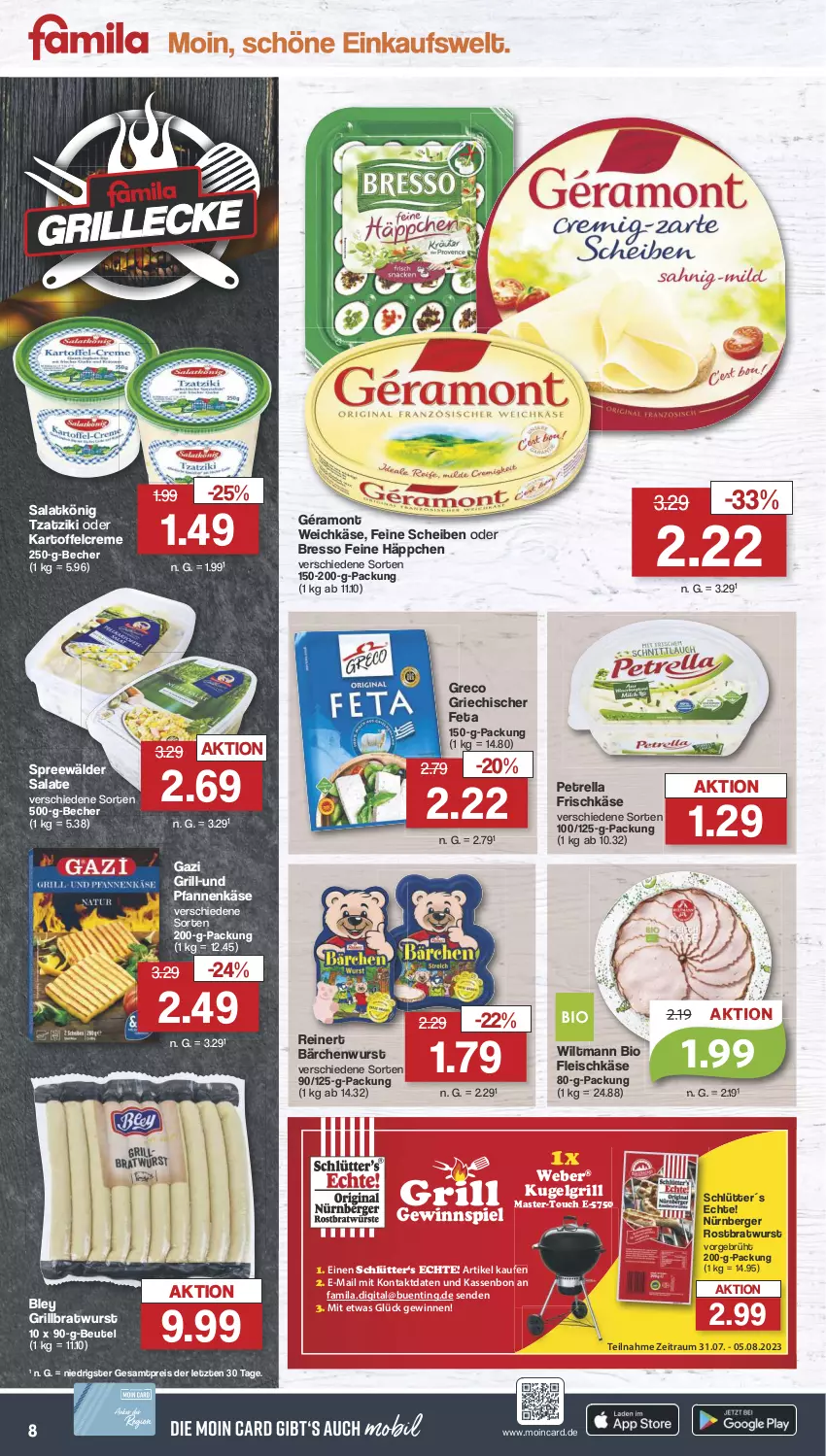 Aktueller Prospekt Famila - Prospekte - von 31.07 bis 05.08.2023 - strona 8 - produkty: Becher, Berger, beutel, bio, bley, bratwurst, bresso, creme, eis, feta, fleisch, fleischkäse, frischkäse, géramont, gewinnspiel, grill, grillbratwurst, kartoffel, Käse, Kugel, kugelgrill, LG, nürnberger, petrella, pfanne, pfannen, pfannenkäse, reinert, reis, rel, rostbratwurst, salat, salate, spreewälder, Ti, tzatziki, und pfanne, weber, weichkäse, wiltmann, wurst, ZTE