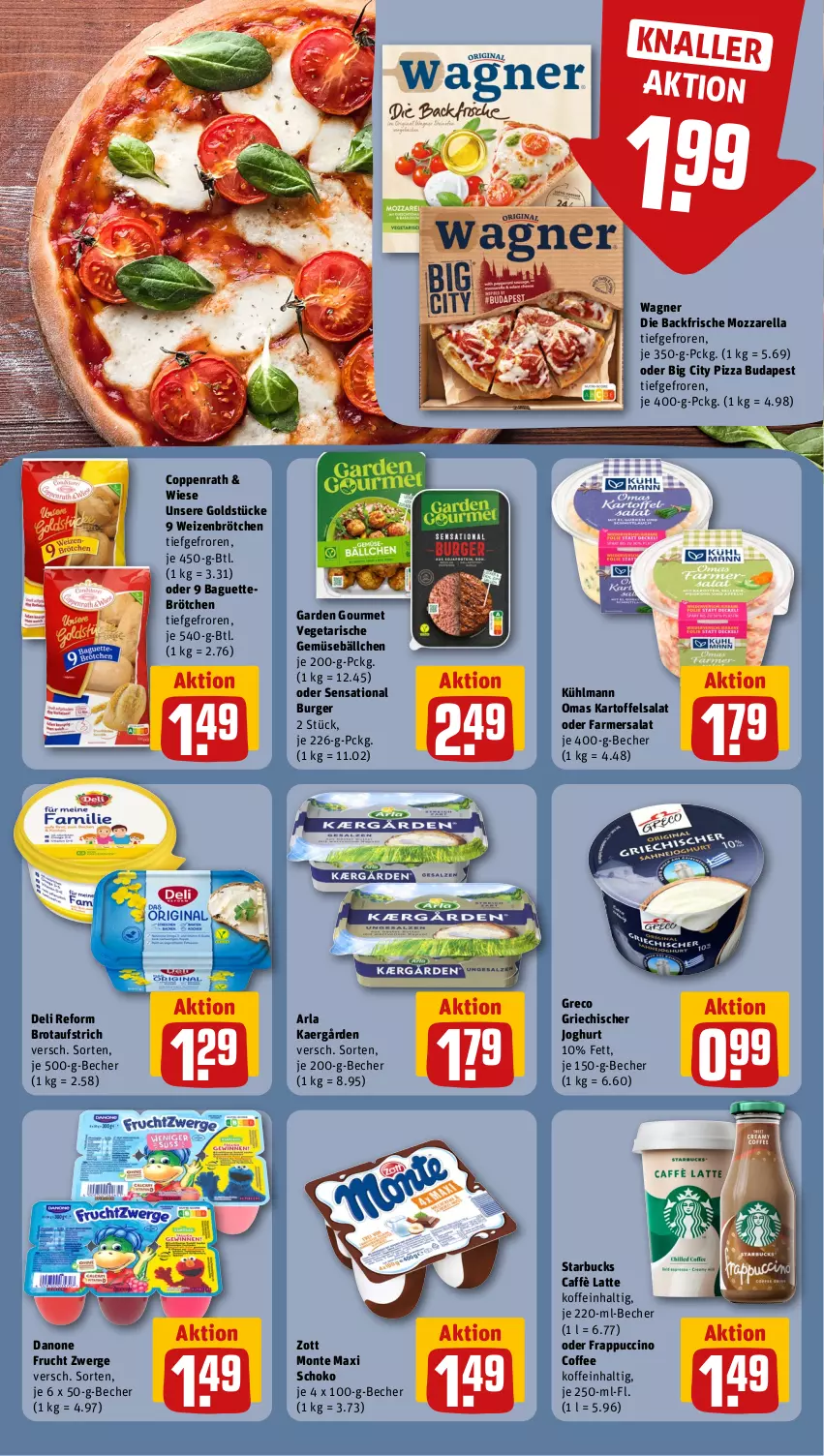 Aktueller Prospekt Rewe - Prospekte - von 04.11 bis 09.11.2024 - strona 12 - produkty: arla, aufstrich, baguette, Becher, brot, brotaufstrich, brötchen, burger, caffè latte, cin, coppenrath, danone, deli reform, frucht, garden gourmet, Goldstücke, Griechischer Joghurt, joghur, joghurt, kartoffel, kartoffelsalat, kühlmann, latte, monte, mozzarella, pizza, rel, salat, schoko, starbucks, Ti, Vegeta, wagner, weizenbrötchen, zott, Zott Monte