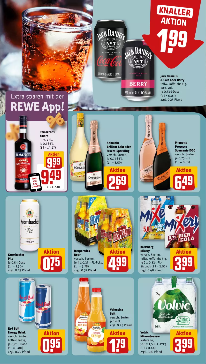 Aktueller Prospekt Rewe - Prospekte - von 04.11 bis 09.11.2024 - strona 13 - produkty: Alwa, amaro, brillant sekt, cola, coupon, desperados, drink, ecco, eis, elle, energy drink, frucht, jack daniel, Jack Daniel’s, karlsberg, karlsberg mixery, krombache, krombacher, krombacher pils, mineralwasser, mionetto, Mixer, mixery, natur, pils, prosecco, puma, rama, ramazzott, ramazzotti, red bull, reis, rel, saft, sekt, söhnlein, söhnlein brillant, spumante, Ti, valensina, volvic, wasser, zott