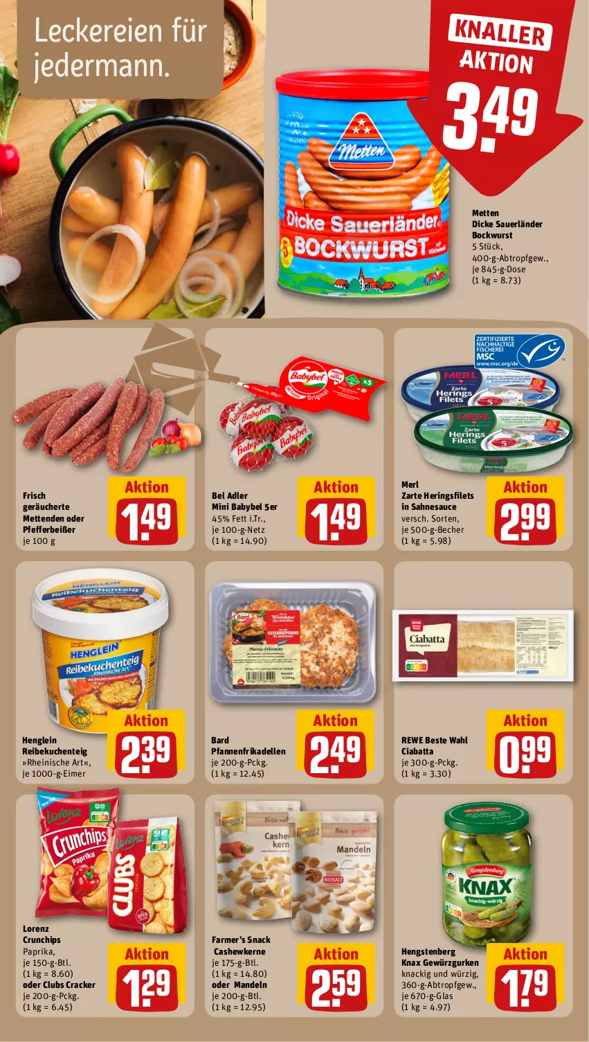 Aktueller Prospekt Rewe - Prospekte - von 04.11 bis 09.11.2024 - strona 14 - produkty: auer, babybel, Becher, bockwurst, Cashew, cashewkerne, chips, ciabatta, cracker, crunchips, dell, Dicke Sauerländer Bockwurst, eimer, elle, ente, filet, filets, frikadellen, gewürz, Gewürzgurke, gewürzgurken, gurke, gurken, henglein, hengstenberg, hering, Herings, heringsfilets, kuchen, lorenz, lorenz crunchips, mandel, mandeln, merl, Mett, metten, Mettenden, mini babybel, paprika, pfanne, pfannen, pfeffer, Pfefferbeißer, rewe beste wahl, ring, sahne, sauce, snack, Ti, wurst