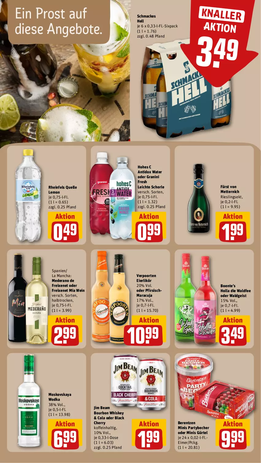 Aktueller Prospekt Rewe - Prospekte - von 04.11 bis 09.11.2024 - strona 15 - produkty: angebot, angebote, Becher, berentzen, bourbon, bourbon whiskey, cola, eier, eierlikör, eimer, eis, elle, ente, freixenet, fürst von metternich, granini, Hohes C, jim beam, lack, likör, mac, maracuja, Mett, metternich, moskovskaya, rheinfels quelle, riesling, schorle, sekt, Ti, verpoorten, wein, whiskey, wodka