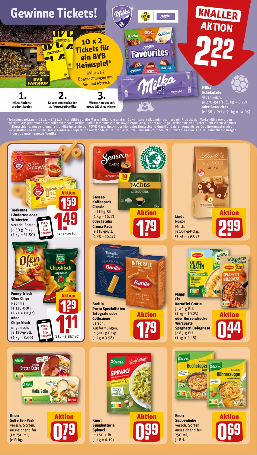 Aktueller Prospekt Rewe - Prospekte - von 04.11 bis 09.11.2024 - strona 16 - produkty: alpenmilch, aus dem kühlregal, barilla, bolognese, Brei, chips, chipsfrisch, coupon, crema pads, creme, eis, erde, funny-frisch, gewinnspiel, haselnuss, Haselnusscreme, jacobs, Jacobs Crema, kaffee, kaffeepads, kartoffel, knorr, küche, kühlregal, Ländertee, lindt, mac, maggi, maggi fix, milch, milka, milka schokolade, mondelez, nuss, oder jacobs, Ofen, paprika, pasta, regal, reis, Ria, schoko, schokolade, senseo, Soße, spaghetti, spaghetti bolognese, Spezi, suppe, suppen, suppenliebe, tee, teekanne, Ti