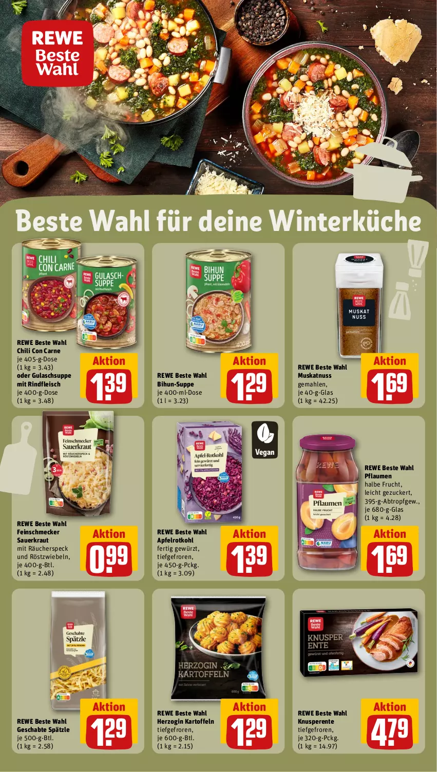 Aktueller Prospekt Rewe - Prospekte - von 04.11 bis 09.11.2024 - strona 18 - produkty: apfel, auer, chili, eis, ente, feinschmecker, fleisch, frucht, gewürz, gin, gulasch, Gulaschsuppe, kartoffel, kartoffeln, Kraut, küche, Muskatnuss, nuss, pflaume, pflaumen, rewe beste wahl, rind, rindfleisch, röstzwiebeln, rotkohl, Sauerkraut, Speck, suppe, Ti, zucker, zwiebel, zwiebeln