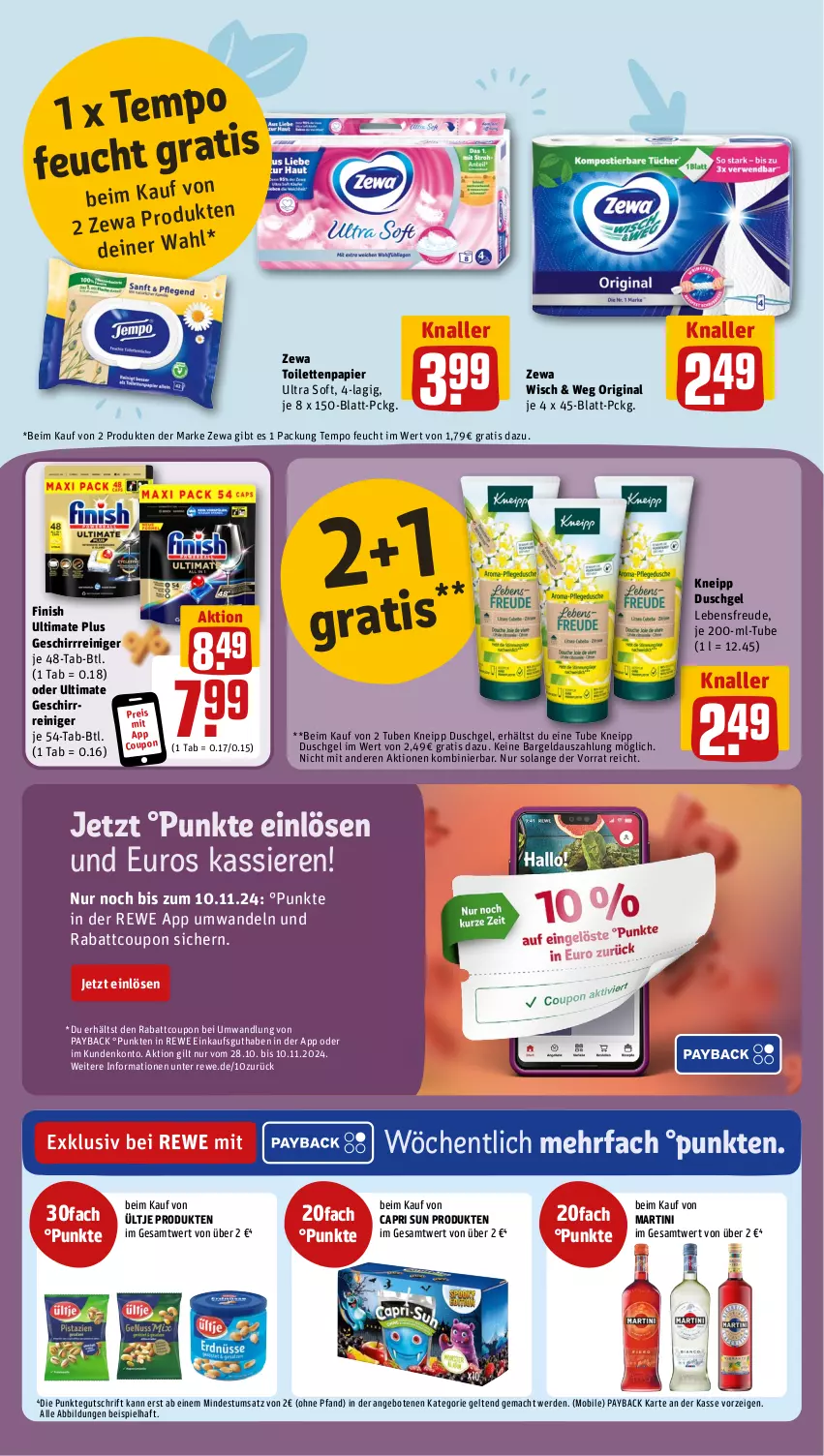 Aktueller Prospekt Rewe - Prospekte - von 04.11 bis 09.11.2024 - strona 21 - produkty: angebot, angebote, Cap, coupon, duschgel, eis, erde, Finish, geschirr, gin, kneipp, mac, martini, papier, payback, reiniger, reis, Tempo, Ti, toilettenpapier, ültje, zewa