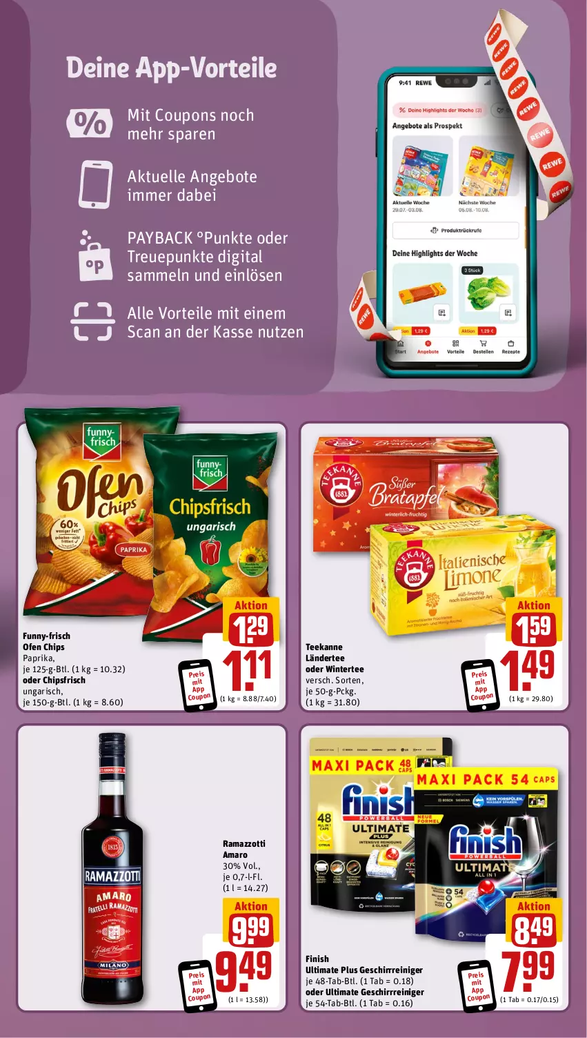 Aktueller Prospekt Rewe - Prospekte - von 04.11 bis 09.11.2024 - strona 3 - produkty: amaro, angebot, angebote, chips, chipsfrisch, coupon, coupons, eis, elle, Finish, funny-frisch, geschirr, Ländertee, Ofen, paprika, payback, rama, ramazzott, ramazzotti, reiniger, reis, tee, teekanne, Ti, zott