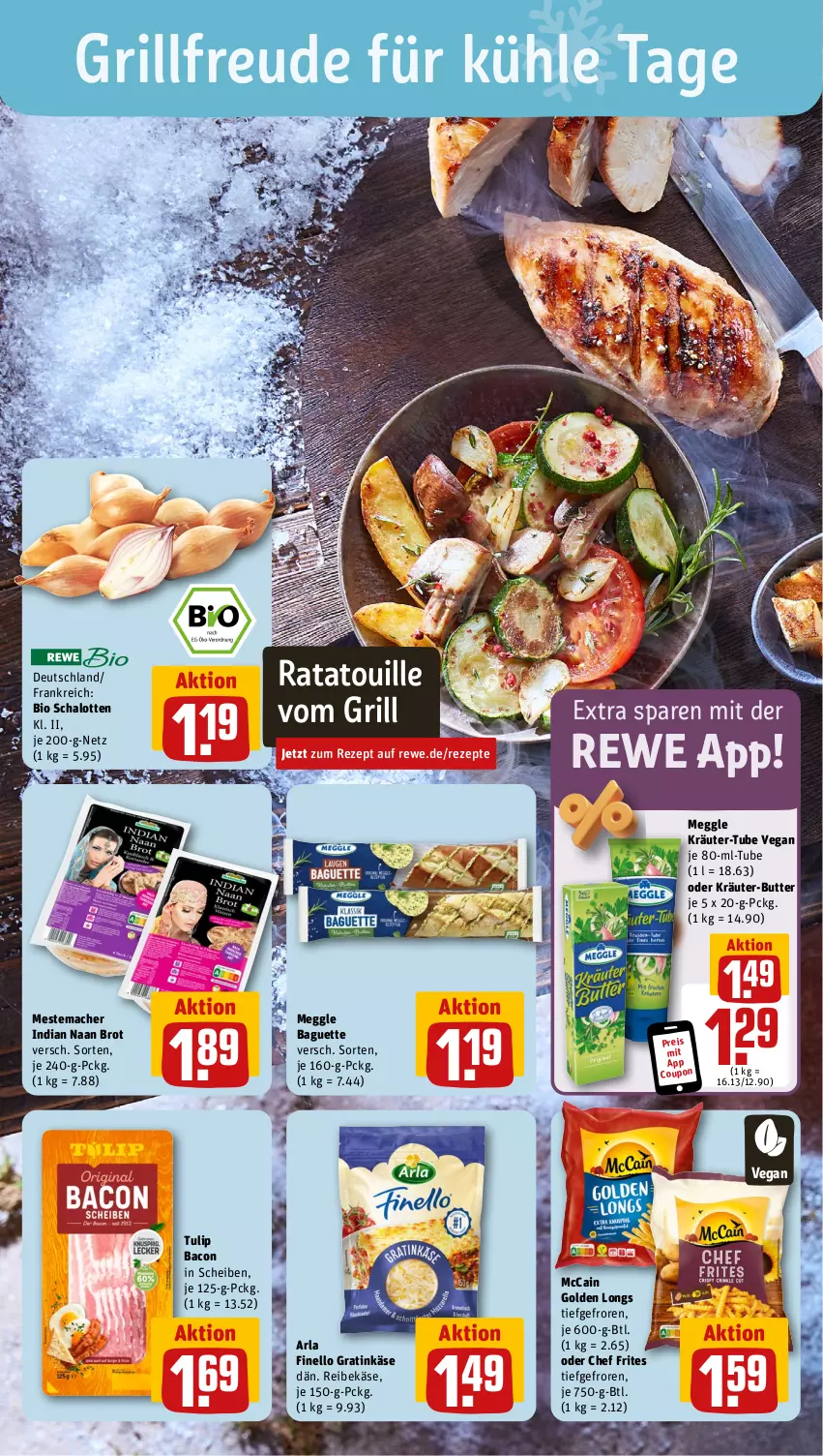 Aktueller Prospekt Rewe - Prospekte - von 04.11 bis 09.11.2024 - strona 4 - produkty: arla, bacon, baguette, bio, brot, butter, coupon, eis, finello, Golden Longs, grill, Käse, kräuter, kräuter-butter, mac, mccain, meggle, mestemacher, oder kräuter, Reibekäse, reis, rezept, rezepte, Schal, Schalotte, Ti, tulip