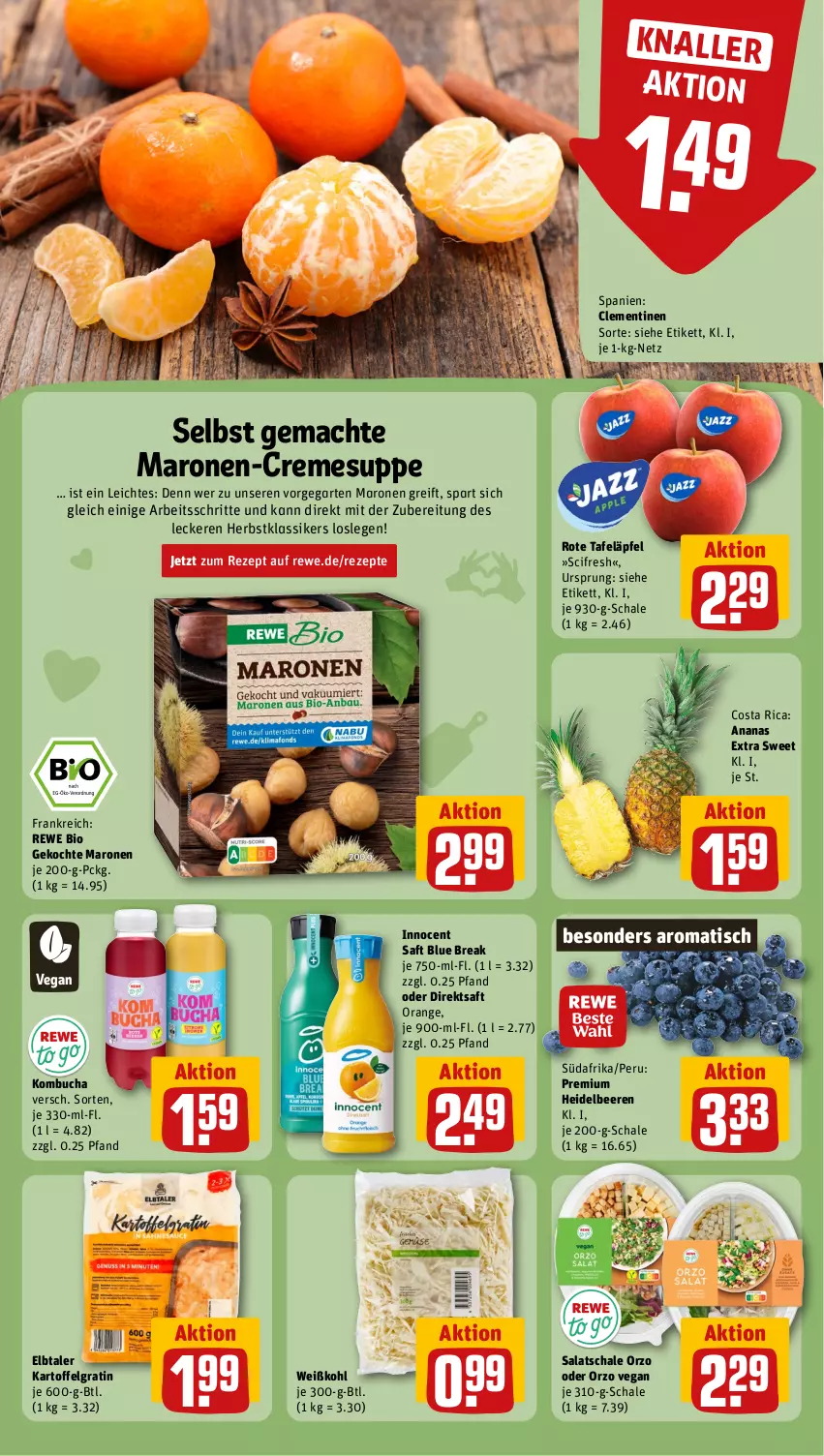 Aktueller Prospekt Rewe - Prospekte - von 04.11 bis 09.11.2024 - strona 6 - produkty: ananas, beere, beeren, bio, buch, Cif, clementinen, creme, cremesuppe, direktsaft, Garten, heidelbeere, heidelbeeren, Innocent, kartoffel, LG, mac, orange, rewe bio, rezept, rezepte, rote tafeläpfel, saft, salat, Schal, Schale, suppe, tafeläpfel, Ti, tisch, Weißkohl