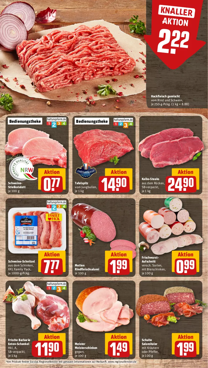 Aktueller Prospekt Rewe - Prospekte - von 04.11 bis 09.11.2024 - strona 8 - produkty: aufschnitt, bier, bierschinken, eis, ente, fenster, fleisch, hackfleisch, hackfleisch gemischt, henkel, jungbullen, kotelett, kräuter, kräutern, Meister, Mett, metten, pfeffer, rind, rindfleisch, salami, schenkel, schinken, schnitzel, schwein, schweine, schweine-schnitzel, steak, steaks, tafelspitz, Ti, wein, weine, wurst