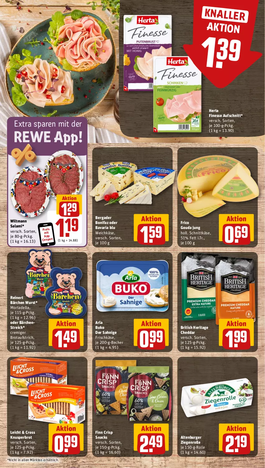 Aktueller Prospekt Rewe - Prospekte - von 04.11 bis 09.11.2024 - strona 9 - produkty: altenburger, arla, arla buko, aufschnitt, aufstrich, bavaria blu, Becher, bergader, brot, brotaufstrich, Buko, burger, cheddar, coupon, dell, eis, finesse, frico, frischkäse, gouda, gouda jung, herta, herta finesse, Käse, mortadella, reinert, reis, Ria, salami, schnittkäse, snack, snacks, Ti, weichkäse, wiltmann, wurst