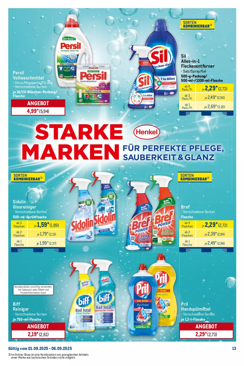 Aktueller Prospekt Metro - Starke Marken - von 01.09 bis 06.09.2025 - strona 13 - produkty: angebot, biff, braun, Bref, eis, flasche, Fleckenentferner, Glasreiniger, megaperls, melitta, papier, persil, pril, reiniger, reis, salz, sidolin, sprühflasche, spülmittel, swirl, Ti, tiefpreis, toppits, Tüte, vollwaschmittel, volvic, waschmittel