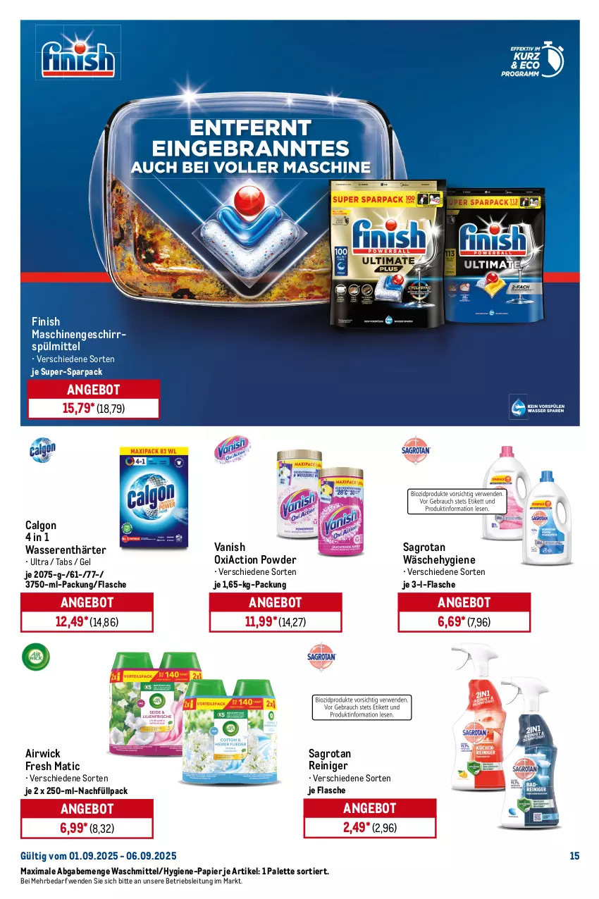 Aktueller Prospekt Metro - Starke Marken - von 01.09 bis 06.09.2025 - strona 15 - produkty: airwick, angebot, backofen, Bad, Becher, calgon, Desinfektion, Fettlöser, Finish, flasche, geschirr, geschirrspülmittel, grill, Grillreiniger, LG, Ofen, Palette, papier, reiniger, sagrotan, sprühflasche, spülmittel, Ti, vanish, waschmittel, wasser, wasserenthärter, WICK