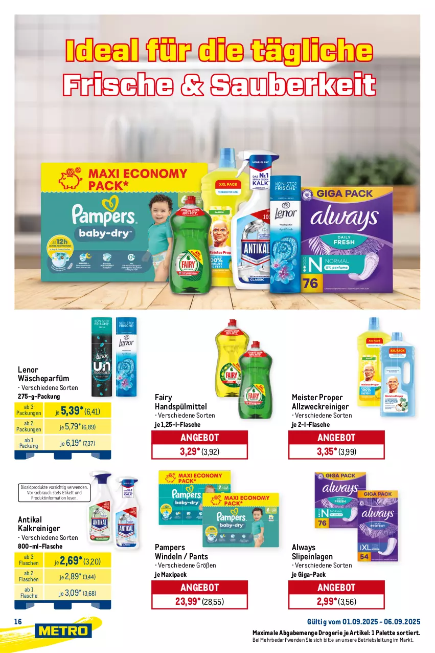 Aktueller Prospekt Metro - Starke Marken - von 01.09 bis 06.09.2025 - strona 16 - produkty: allzweckreiniger, Alwa, Always, angebot, eis, fairy, flasche, Kalkreiniger, lenor, Meister, meister proper, Palette, pampers, Pants, reiniger, slip, slipeinlagen, spülmittel, Ti, wäscheparfüm, weck, windeln