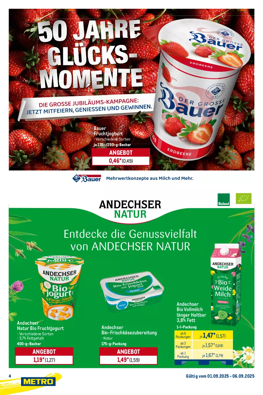 Aktueller Prospekt Metro - Starke Marken - von 01.09 bis 06.09.2025 - strona 4 - produkty: ACC, andechser natur, angebot, auer, Bau, Bauer, Becher, bio, creme, eis, flasche, frischkäse, frischkäsezubereitung, frucht, fruchtjoghurt, gin, joghur, joghurt, jogurt, Käse, korn, mac, milch, Mirácoli, natur, pasta, Pasta Sauce, rama, rama cremefine, reis, sauce, saucen, spaghetti, Ti, vollmilch