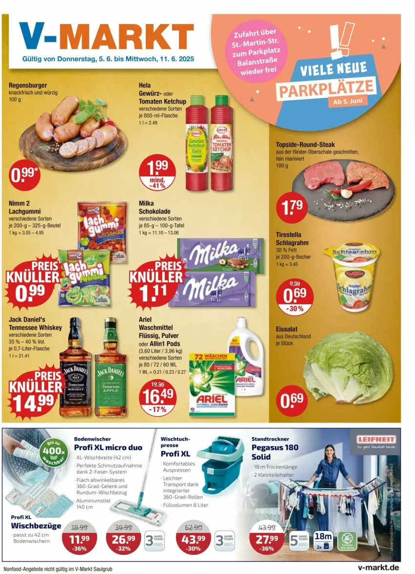 Aktueller Prospekt Vmarkt - Prospekte - von 05.06 bis 11.06.2025 - strona 1 - produkty: angebot, angebote, ariel, ariel waschmittel, asus, beutel, bodenwischer, Brei, burger, flasche, gewürz, Hela, jack daniel, jack daniel's, ketchup, lachgummi, LG, milka, milka schokolade, Nimm 2, Pods, regensburger, rind, rinder, Schal, Schale, schnitten, schoko, schokolade, Sport, steak, tennessee whiskey, Ti, tomate, tomaten, tomaten ketchup, Trockner, tuc, waschmittel, whiskey