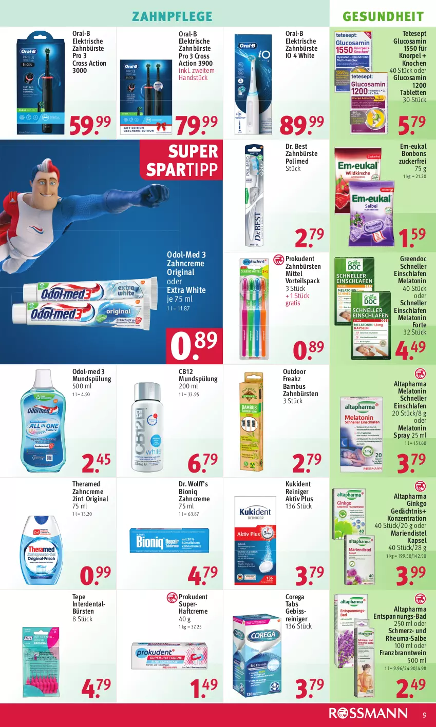 Aktueller Prospekt Rossmann - Prospekte - von 13.03 bis 17.03.2023 - strona 11 - produkty: Altapharma, Bad, bambus, bio, bonbons, bürste, bürsten, creme, cross action, Dr. Best, elektrische zahnbürste, elle, erde, Gesundheit, gin, Glucosamin, Haftcreme, Heu, Kukident, mundspülung, Odol, Odol-med 3, oral-b, Prokudent, reiniger, spartipp, spülung, spülung 200 ml, tablet, tablett, Tablette, theramed, Ti, wein, zahnbürste, zahnbürsten, zahncreme, zucker