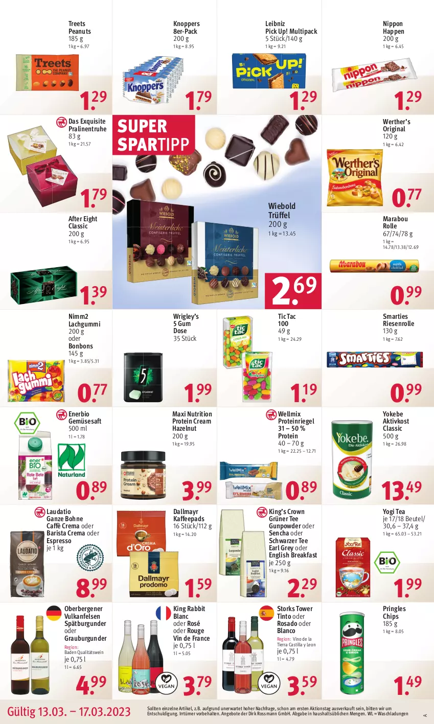 Aktueller Prospekt Rossmann - Prospekte - von 13.03 bis 17.03.2023 - strona 14 - produkty: after eight, angebot, angebote, asti, Bad, beutel, bio, bio gemüse, bohne, bonbons, burgunder, caffè crema, chips, dallmayr, espresso, gin, grauburgunder, grüner tee, kaffee, kaffeepads, knoppers, lachgummi, leibniz, Marabou, nimm2, nippon, oder espresso, Pick Up!, pralinen, pringles, qualitätswein, riegel, ring, rouge, saft, schwarzer tee, smarties, spartipp, spätburgunder, tee, Ti, Trüffel, vin de france, wein, Yo, Yokebe