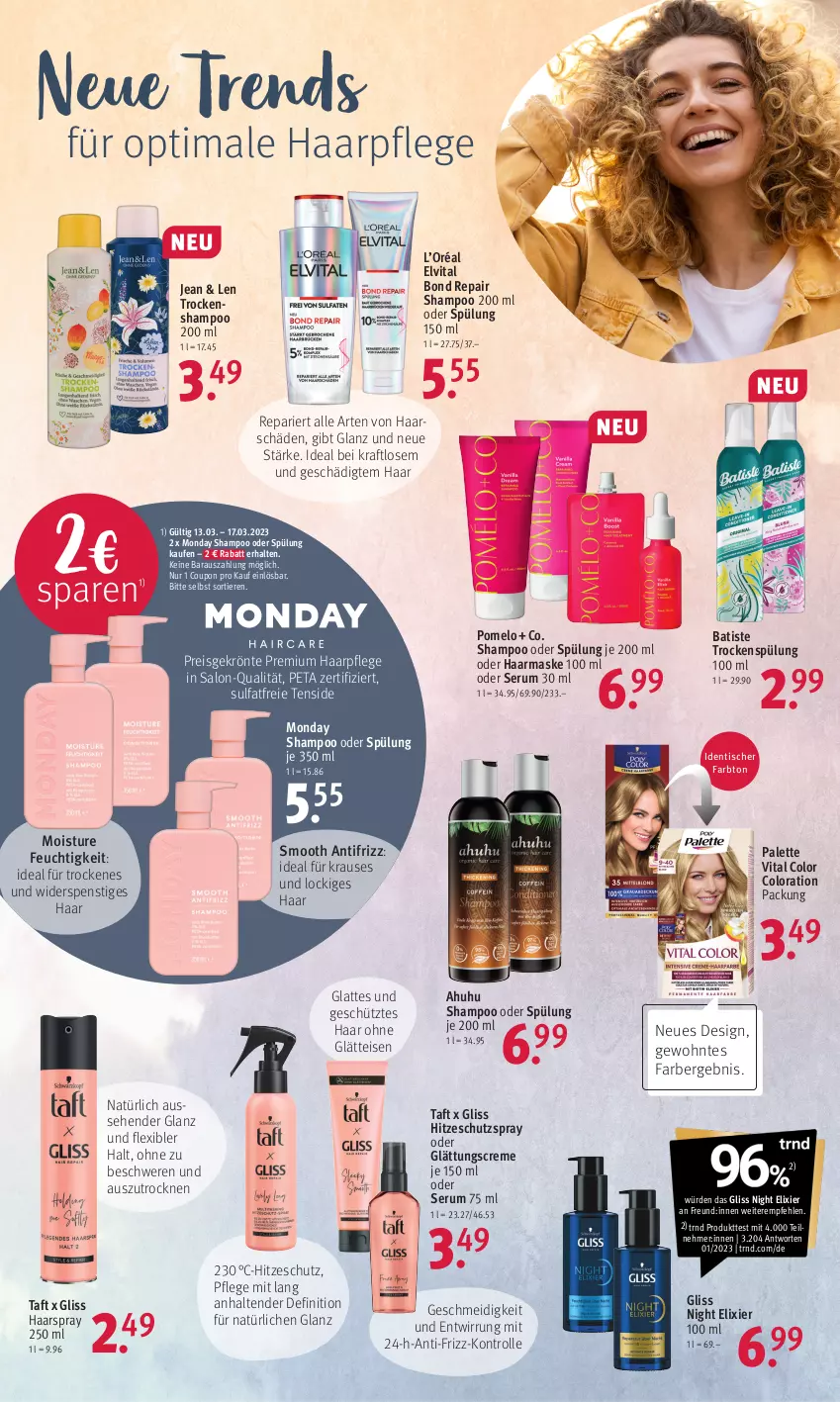 Aktueller Prospekt Rossmann - Prospekte - von 13.03 bis 17.03.2023 - strona 16 - produkty: coupon, creme, eis, elvital, gliss, haarpflege, haarspray, kraft, latte, Maske, Palette, Pomelo, reis, rum, Serum, shampoo, shampoo oder spülung, spülung, Taft, tender, Ti, Tiere, tisch, Trockenshampoo, uhu, vita, ZTE