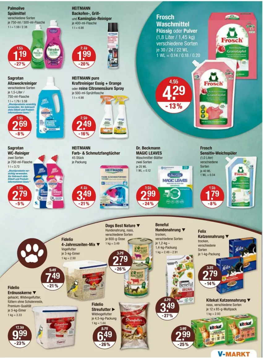 Aktueller Prospekt Vmarkt - Prospekte - von 29.02 bis 06.03.2024 - strona 13 - produkty: allzweckreiniger, backofen, bio, biozidprodukte, Dr. Beckmann, eimer, erdnuss, essig, Fangtücher, felix, flasche, gin, grill, heitmann, hundenahrung, Kamin, katzennahrung, kitekat, kraft, natur, nuss, Ofen, olive, orange, palmolive, Rauch, reiniger, rwe, sagrotan, Schal, Schale, sprühflasche, spülmittel, Streufutter, Ti, tücher, Vogelfutter, waschmittel, wc-reiniger, weck, Wild