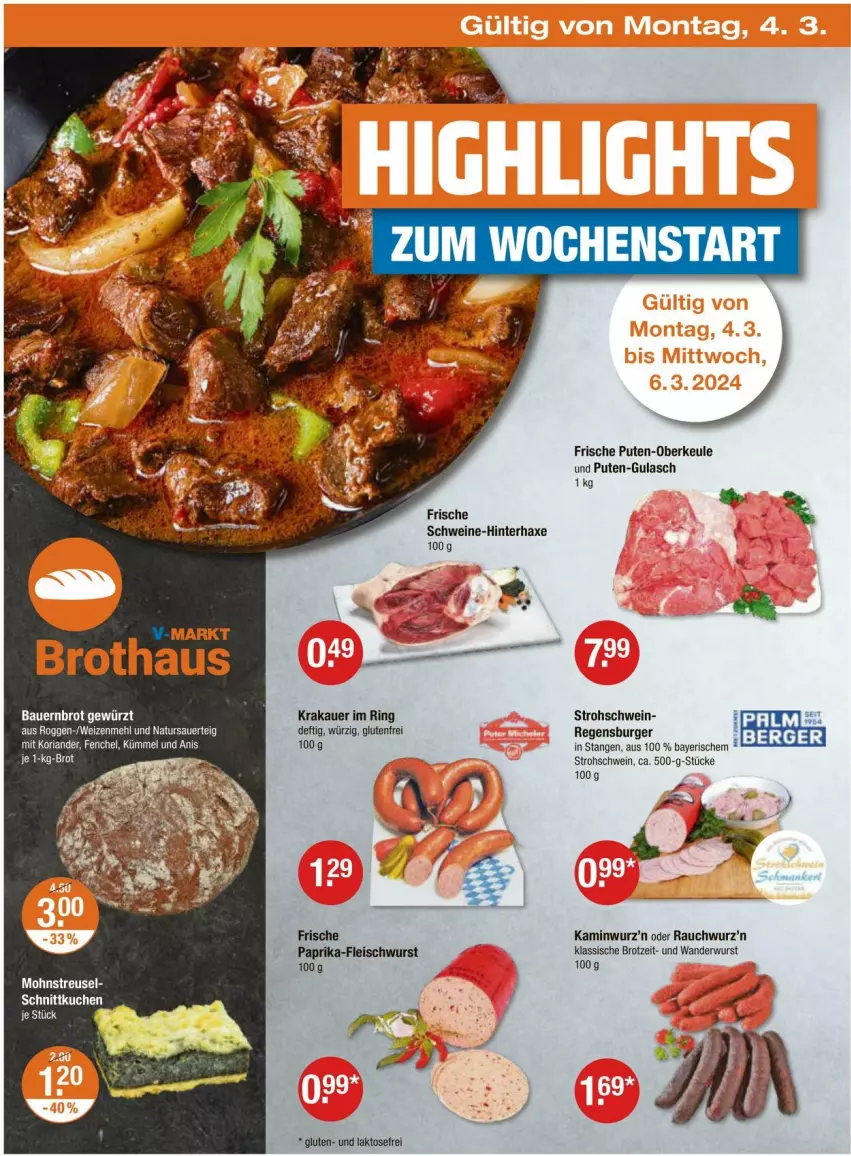 Aktueller Prospekt Vmarkt - Prospekte - von 29.02 bis 06.03.2024 - strona 22 - produkty: auer, axe, Bau, Bauer, brot, burger, eis, fenchel, fleisch, fleischwurst, gewürz, gulasch, Haxe, Kamin, Kaminwurz, Koriander, krakauer, mehl, natur, paprika, pute, Rauch, regensburger, Ria, ring, schwein, schweine, Ti, wein, weine, weizenmehl, wurst