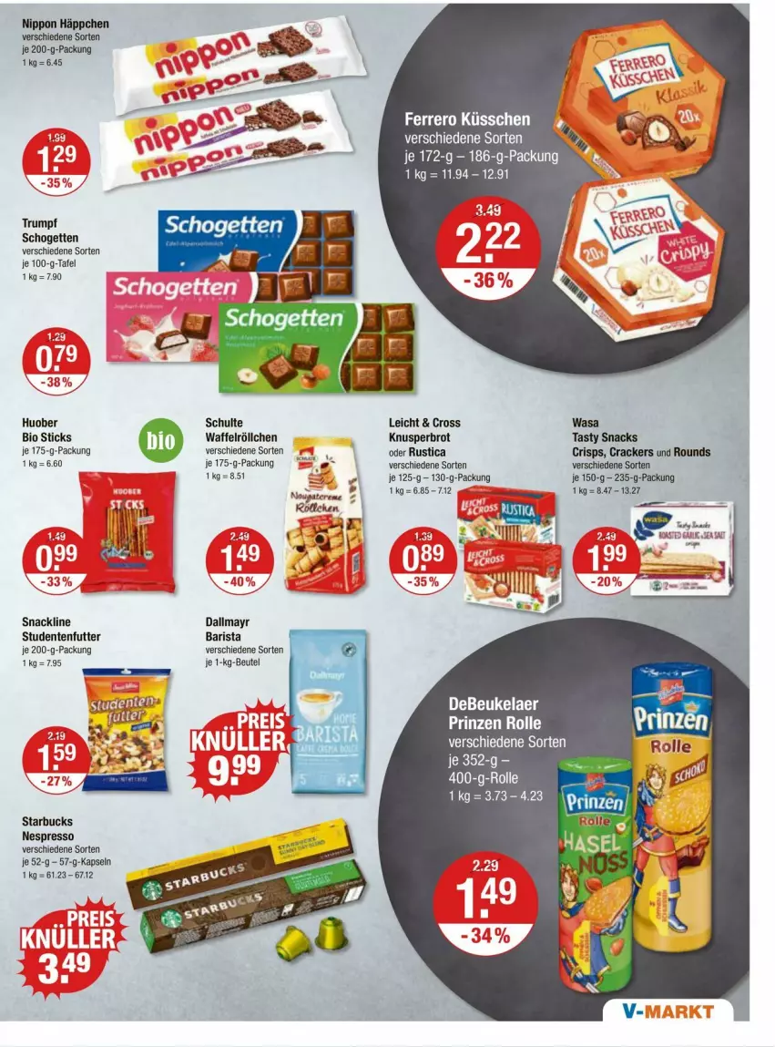 Aktueller Prospekt Vmarkt - Prospekte - von 29.02 bis 06.03.2024 - strona 9 - produkty: aust, beutel, bio, brot, cracker, dallmayr, debeukelaer, ente, espresso, ferrero, Ferrero Küsschen, huober, nespresso, nippon, prinzen rolle, rum, schogetten, snack, snacks, starbucks, studentenfutter, Ti, Waffelröllchen, wasa