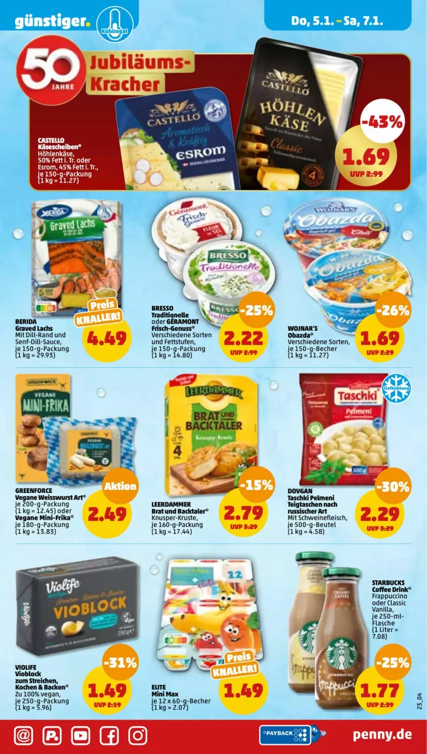 Aktueller Prospekt Penny - Prospekte - von 02.01 bis 07.01.2023 - strona 23 - produkty: Becher, beutel, cin, drink, eis, flasche, Graved Lachs, lachs, leerdammer, nuss, obazda, sauce, senf, starbucks, Ti, uhr, Wels, wurst