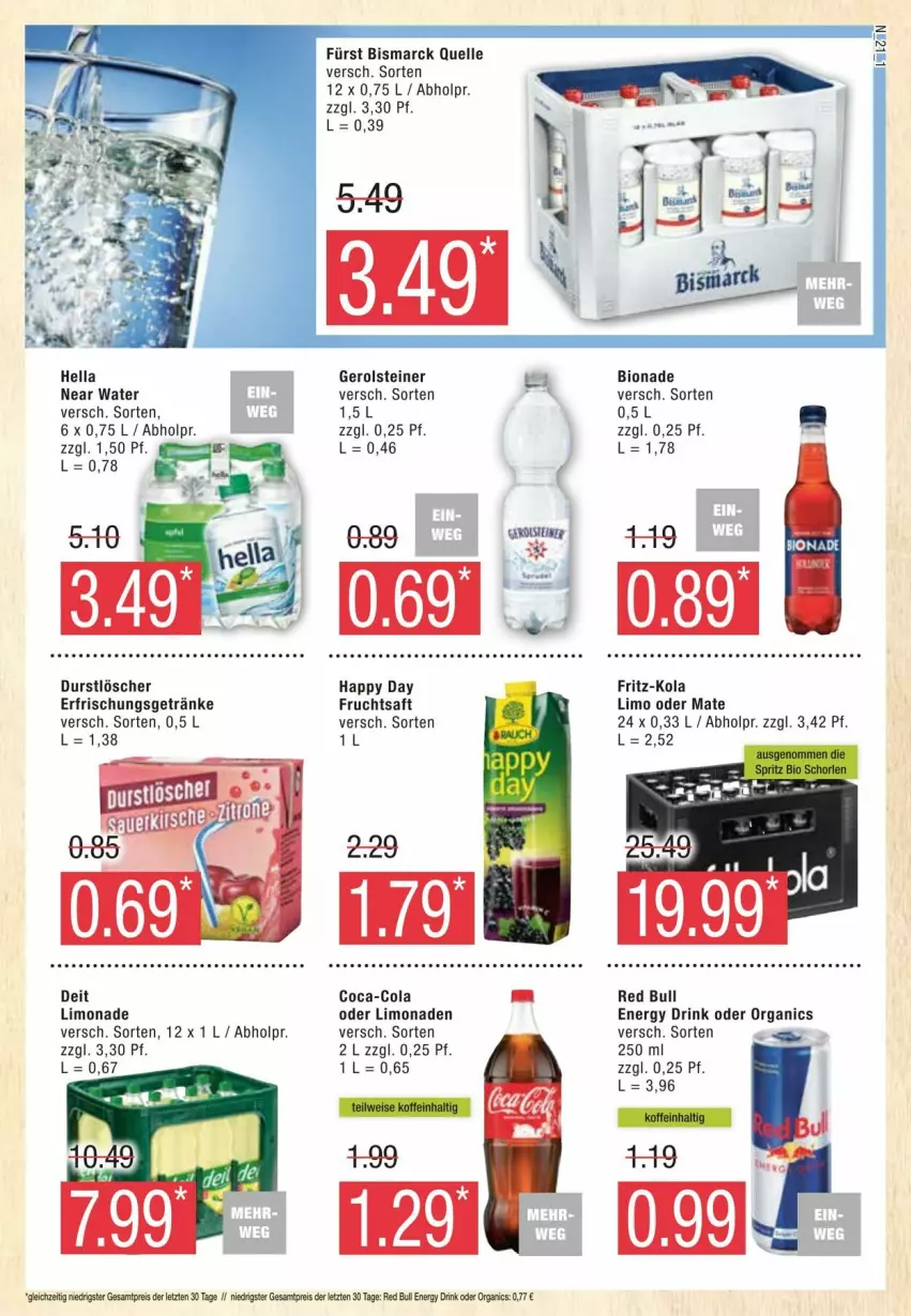 Aktueller Prospekt Edeka - Prospekte - von 13.01 bis 20.01.2024 - strona 21 - produkty: bio, bionade, bismarck, coca-cola, cola, deit, drink, durstlöscher, eis, elle, energy drink, erfrischungsgetränk, erfrischungsgetränke, fritz, fritz-kola, frucht, fruchtsaft, gerolsteine, gerolsteiner, getränk, getränke, Happy Day, hella, limo, limonade, limonaden, red bull, reis, saft, steiner, Ti, ZTE