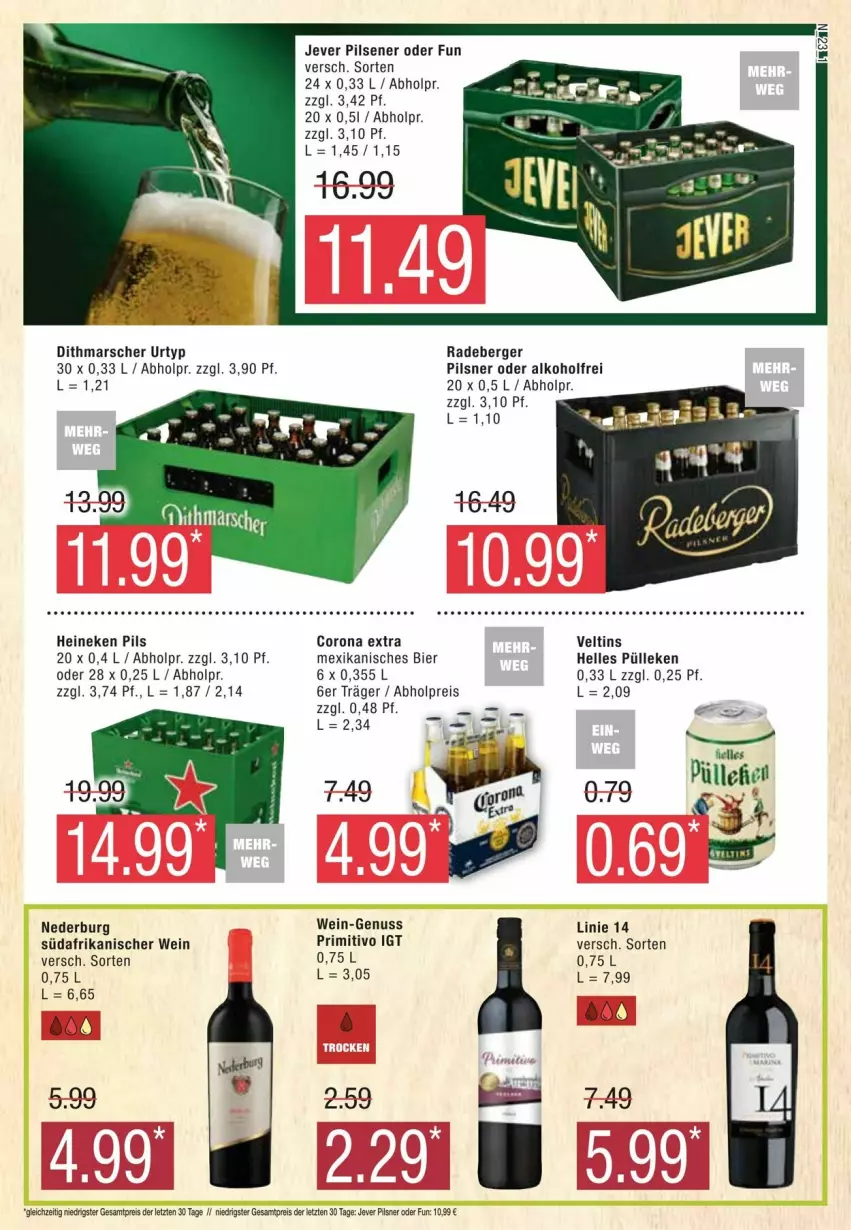 Aktueller Prospekt Edeka - Prospekte - von 13.01 bis 20.01.2024 - strona 23 - produkty: alkohol, Berger, bier, corona, corona extra, eis, elle, heineken, jever, jever pilsener, mars, nederburg, nuss, pils, pilsener, pilsner, primitivo, radeberger, reis, Ti, urtyp, veltins, wein, ZTE