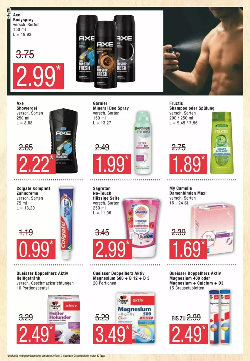 Aktueller Prospekt Edeka - Prospekte - von 13.01 bis 20.01.2024 - strona 24 - produkty: axe, beutel, binden, body, bodyspray, brause, Brausetabletten, Calcium, camelia, colgate, creme, Damenbinden, deo, deo spray, doppelherz, eis, fructis, garnier, getränk, holunder, LG, mac, magnesium, magnesium 400, portionsbeutel, reis, sagrotan, Seife, shampoo, shampoo oder spülung, spülung, tablet, tablett, Tablette, Ti, zahncreme, ZTE