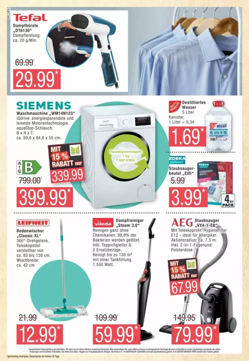 Aktueller Prospekt Edeka - Prospekte - von 13.01 bis 20.01.2024 - strona 34 - produkty: aqua, aquastop, ariel, beutel, bodenwischer, Brei, bürste, dampfreiniger, eis, ente, erde, hygienefilter, reiniger, reis, schlauch, siemens, staubsauger, tasse, Teleskop, teleskopstiel, teppich, Ti, waschmaschine, ZTE