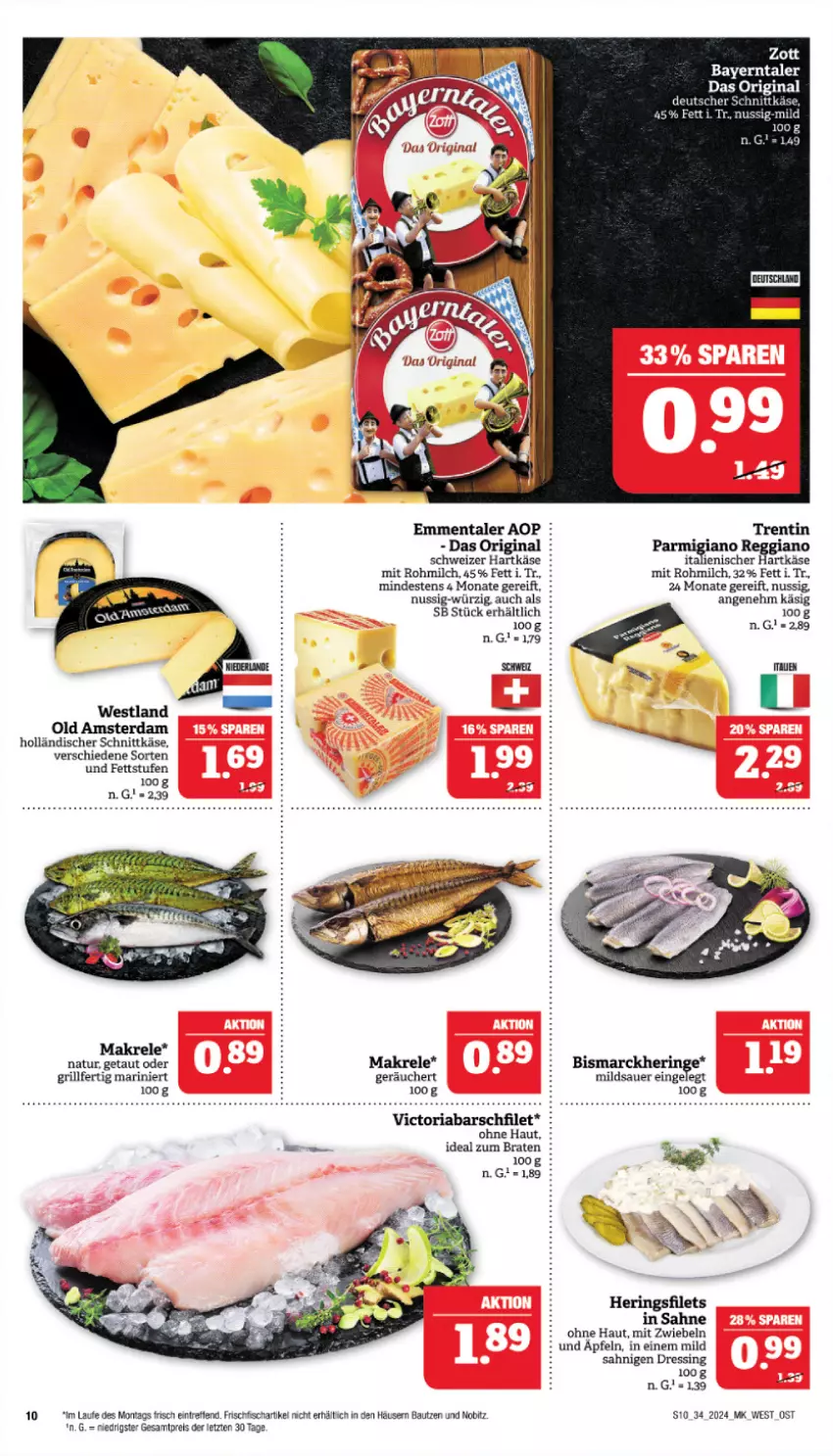 Aktueller Prospekt Marktkauf - Prospekt - von 18.08 bis 24.08.2024 - strona 10 - produkty: auer, Bau, bismarck, braten, dressing, eis, elle, emmentaler, filet, filets, fisch, frischfisch, gin, grill, hartkäse, hering, Herings, heringsfilets, holländischer schnittkäse, ideal zum braten, italienischer hartkäse, Käse, Makrele, milch, mit zwiebeln, natur, nuss, Old Amsterdam, reggiano, reis, rel, Ria, ring, sahne, schnittkäse, schweizer hartkäse, Ti, zott, ZTE, zwiebel, zwiebeln