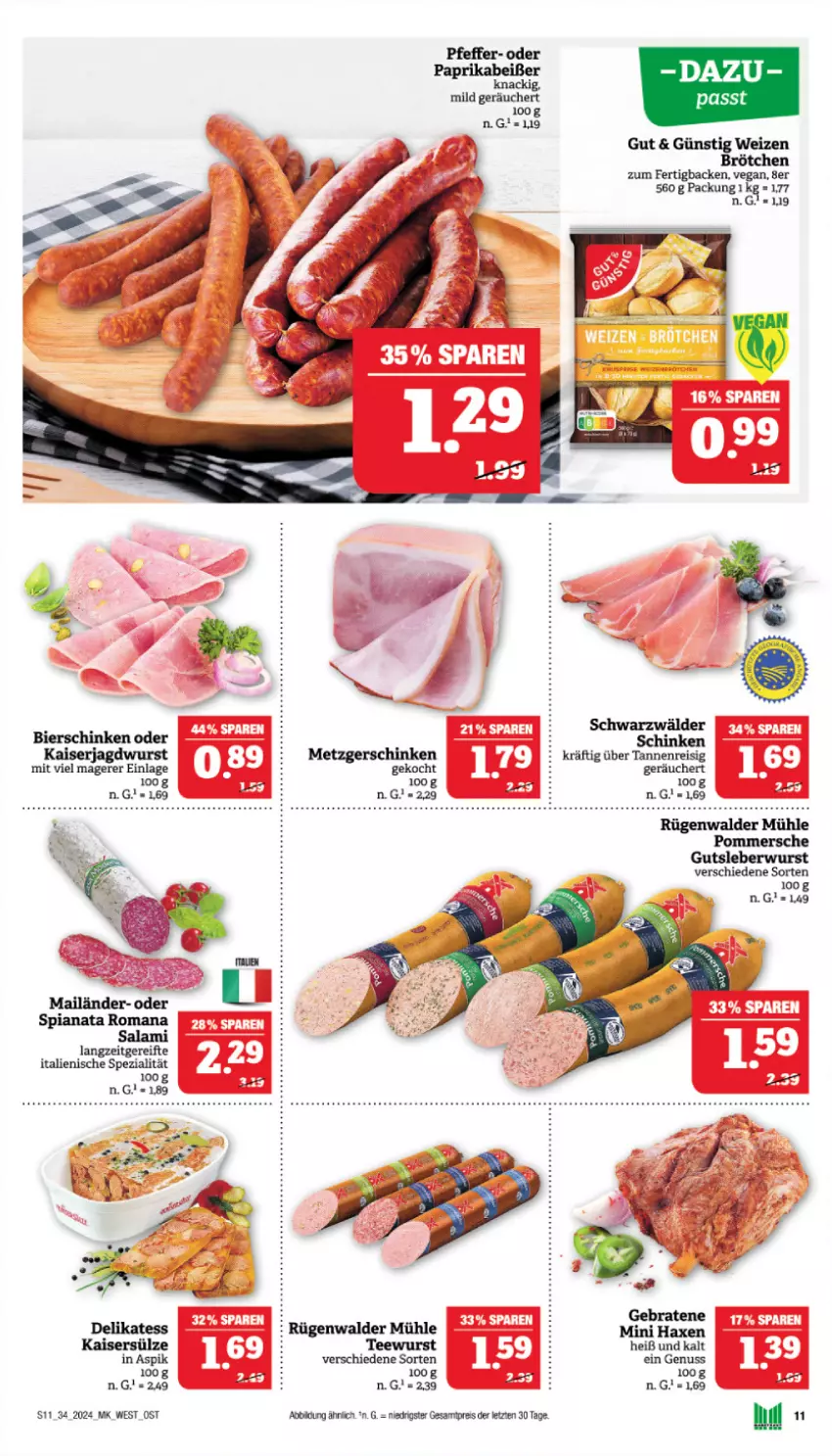 Aktueller Prospekt Marktkauf - Prospekt - von 18.08 bis 24.08.2024 - strona 11 - produkty: axe, bier, bierschinken, brötchen, eis, gutsleberwurst, Haxe, Kaiser, Kaisersülze, leberwurst, nuss, paprika, pfeffer, Pommersche, reis, rügenwalder, rügenwalder mühle, schinken, Spezi, tee, teewurst, Ti, wurst, ZTE