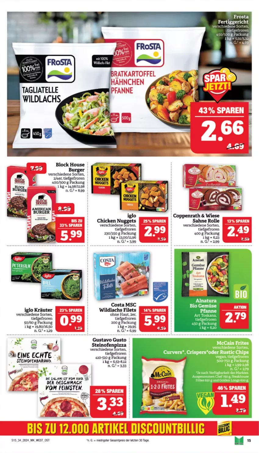 Aktueller Prospekt Marktkauf - Prospekt - von 18.08 bis 24.08.2024 - strona 15 - produkty: bio, bio gemüse, chips, coppenrath, discount, eis, filet, filets, frosta, Golden Longs, iglo, kräuter, lachs, natur, natura, Ofen, pfanne, pizza, reis, sahne, steak, Ti, Wild, wildlachs, ZTE