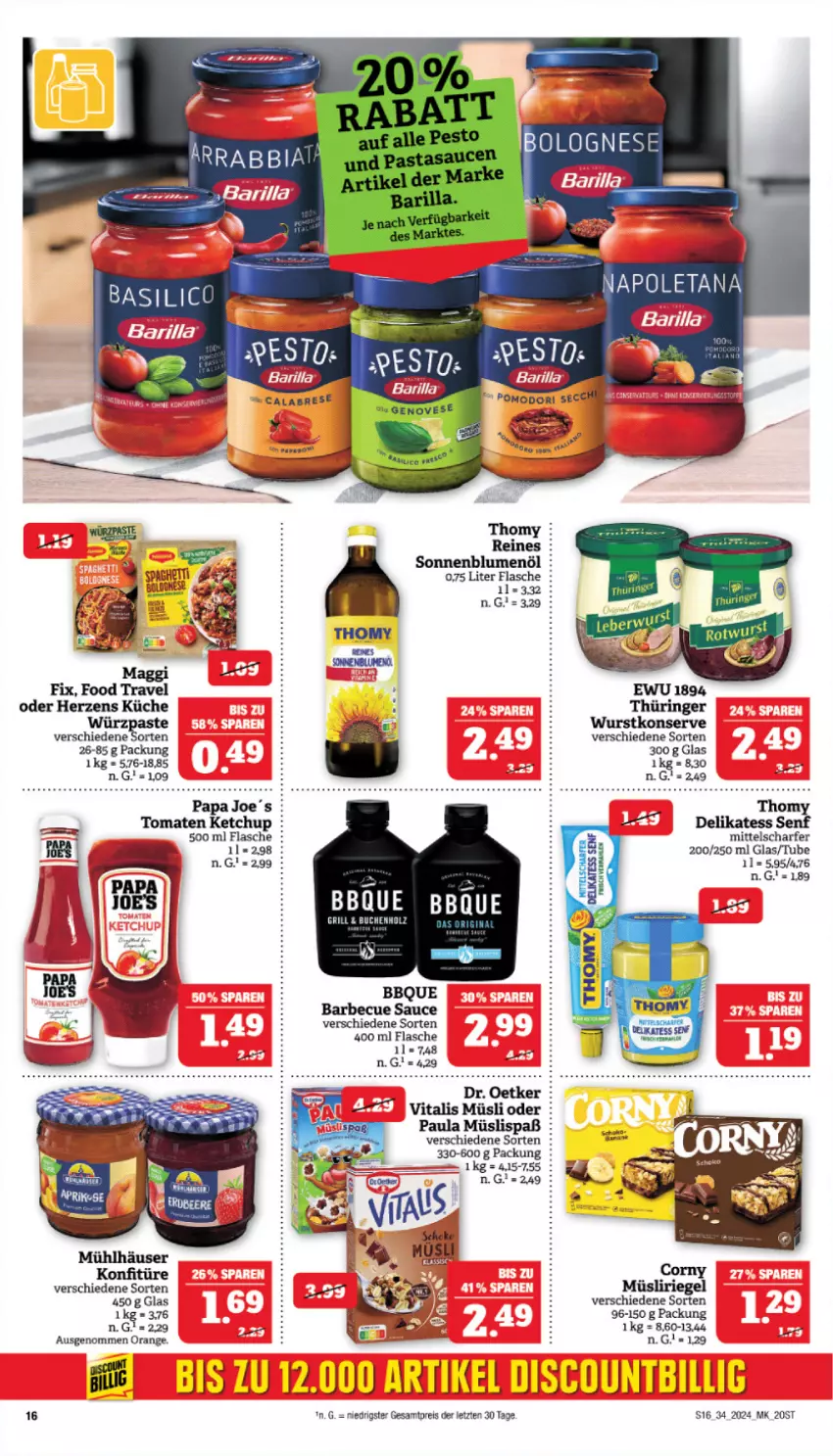 Aktueller Prospekt Marktkauf - Prospekt - von 18.08 bis 24.08.2024 - strona 16 - produkty: barbecue, blume, blumen, blumenöl, bolognese, delikatess senf, eis, flasche, ketchup, küche, müsli, Müsliriegel, orange, Paula, reis, riegel, ring, sauce, senf, sonnenblume, sonnenblumen, sonnenblumenöl, tee, thomy, tomate, tomaten, tomaten ketchup, wurst, ZTE