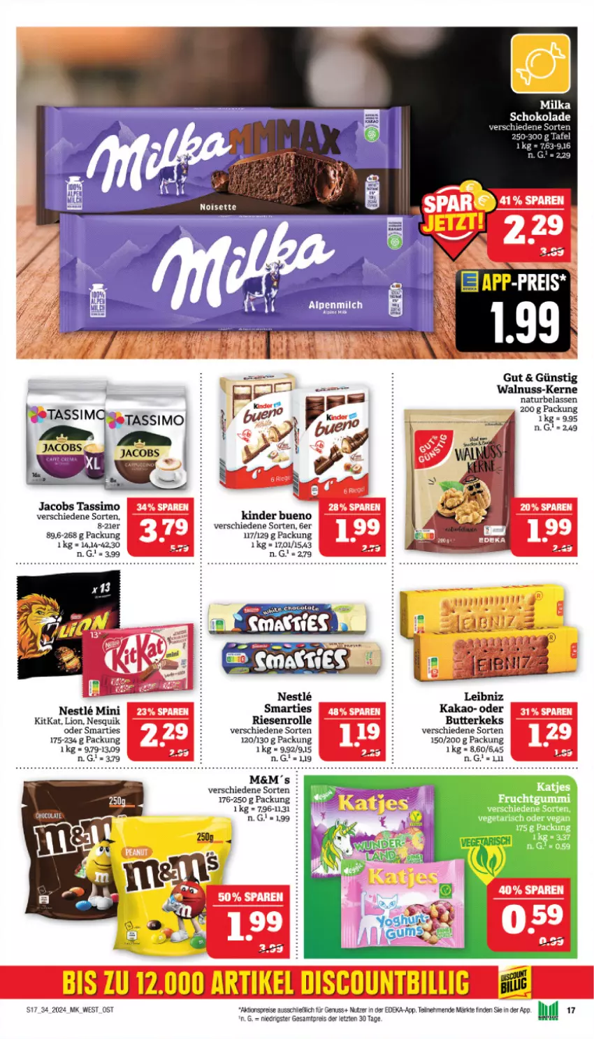 Aktueller Prospekt Marktkauf - Prospekt - von 18.08 bis 24.08.2024 - strona 17 - produkty: aktionspreis, butter, butterkeks, deka, discount, eis, jacobs, jacobs tassimo, kakao, katjes, keks, Kinder, kinder bueno, kitkat, leibniz, lion, natur, nesquik, nuss, reis, schoko, schokolade, sim, smarties, tassimo, Ti, Vegeta, walnuss, ZTE