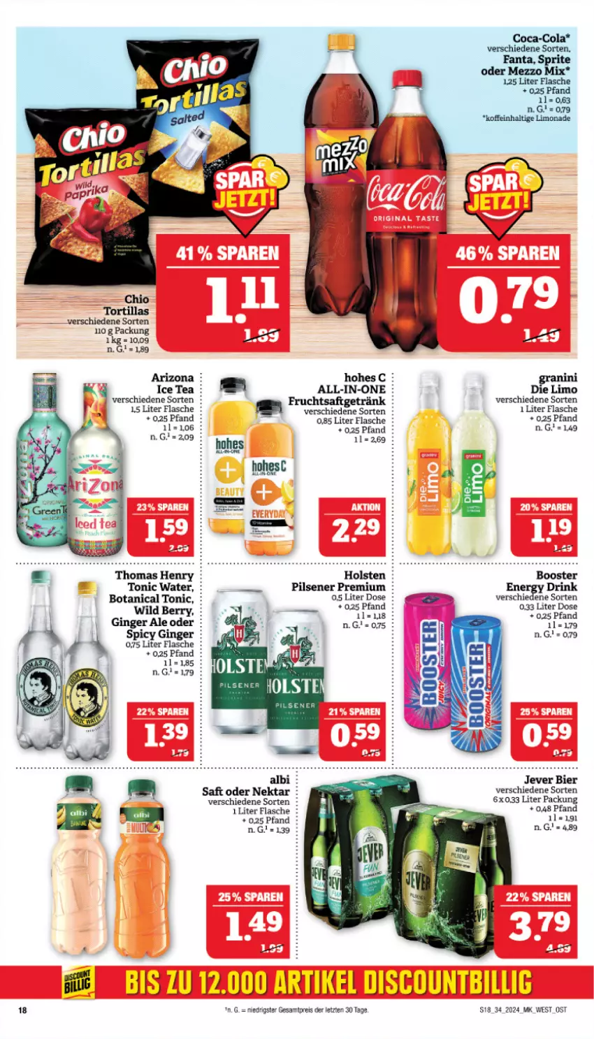 Aktueller Prospekt Marktkauf - Prospekt - von 18.08 bis 24.08.2024 - strona 18 - produkty: bier, coca-cola, cola, drink, eier, eis, energy drink, fanta, flasche, frucht, fruchtsaft, fruchtsaftgetränk, getränk, gin, ginger, ginger ale, granini, holsten, ice tea, jever, limo, limonade, Mezzo Mix, Nektar, pils, pilsener, reis, saft, sprite, thomas henry, Ti, tonic, tonic water, tortilla, tortillas, Wild, wild berry, ZTE