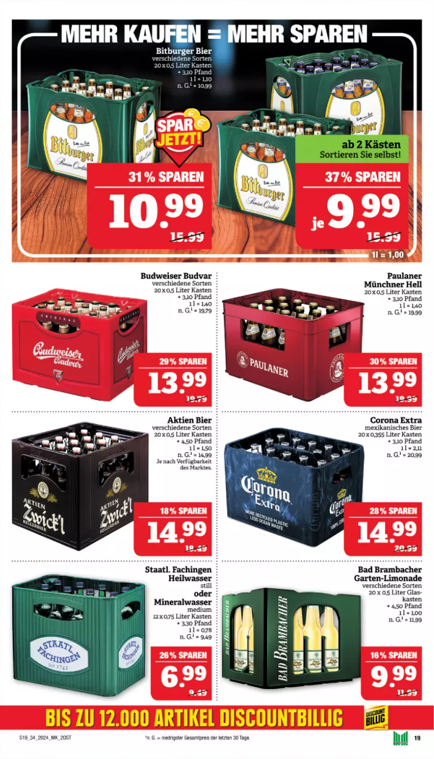 Aktueller Prospekt Marktkauf - Prospekt - von 18.08 bis 24.08.2024 - strona 19 - produkty: Alwa, Bad, bier, budweiser, corona, corona extra, discount, eis, Garten, limo, limonade, mineralwasser, Paula, paulaner, reis, Staatl. Fachingen, Ti, wasser, ZTE