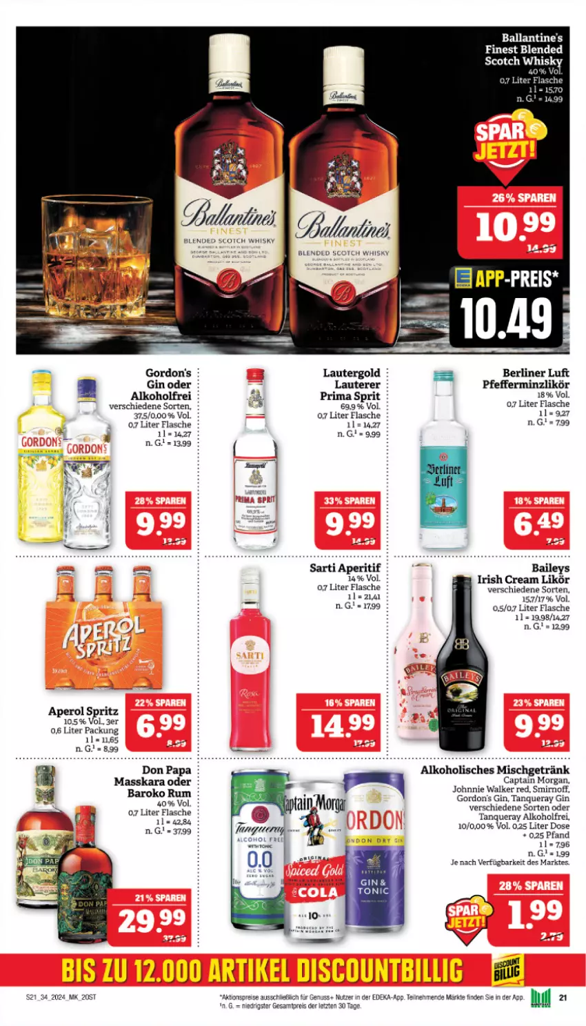 Aktueller Prospekt Marktkauf - Prospekt - von 18.08 bis 24.08.2024 - strona 21 - produkty: aktionspreis, alkohol, aperitif, aperol, baileys, ball, Ballantine's, berliner, berliner luft, blended scotch, blended scotch whisky, Cap, captain morgan, deka, eis, flasche, getränk, gin, gordon, gordon's, gordons, irish cream, johnnie walker, likör, nuss, pfeffer, pfefferminzlikör, reis, rum, scotch, scotch whisky, smirnoff, Tanqueray, Ti, whisky, ZTE