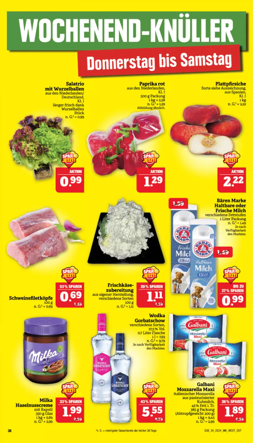 Aktueller Prospekt Marktkauf - Prospekt - von 18.08 bis 24.08.2024 - strona 38 - produkty: ball, creme, eis, filet, flasche, Gorbatschow, haselnuss, Haselnusscreme, mozzarella, nuss, paprika, paprika rot, pfirsich, pfirsiche, plattpfirsiche, rapsöl, reis, rel, salat, schwein, schweine, schweinefilet, wein, weine, wodka, ZTE