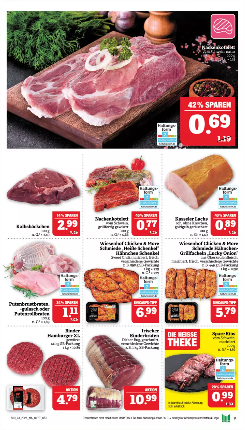 Aktueller Prospekt Marktkauf - Prospekt - von 18.08 bis 24.08.2024 - strona 9 - produkty: Bau, braten, chili, eis, fleisch, gewürz, grill, grillfackeln, gulasch, henkel, Kalbsbäckchen, kasseler, kotelett, lachs, pute, putenbrust, Putenrollbraten, reis, rind, rinder, rinderbraten, rollbraten, schenkel, schwein, spare ribs, Ti, wein, wiesenhof, Yo, ZTE