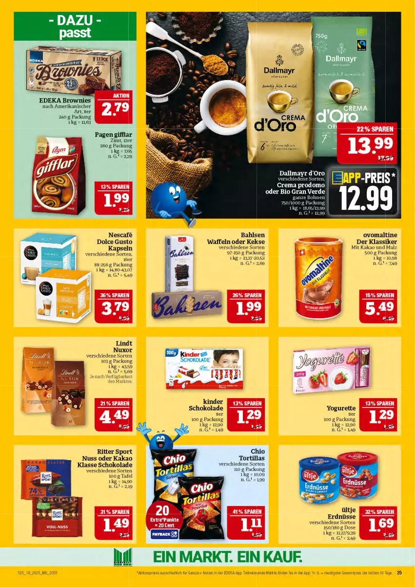 Aktueller Prospekt Marktkauf - Prospekt - von 27.04 bis 03.05.2025 - strona 25 - produkty: ACC, aktionspreis, bahlsen, bio, bohne, bohnen, brownie, brownies, dallmayr, deka, dolce gusto, eier, eis, erde, erdnüsse, kakao, keks, kekse, Kinder, kinder schokolade, lindt, mac, malz, nescafe, nuss, ovomaltine, prodomo, reis, ritter, ritter sport, schoko, schokolade, Sport, Ti, tortilla, tortillas, ültje, ültje erdnüsse, waffeln, Yo, yogurette, ZTE