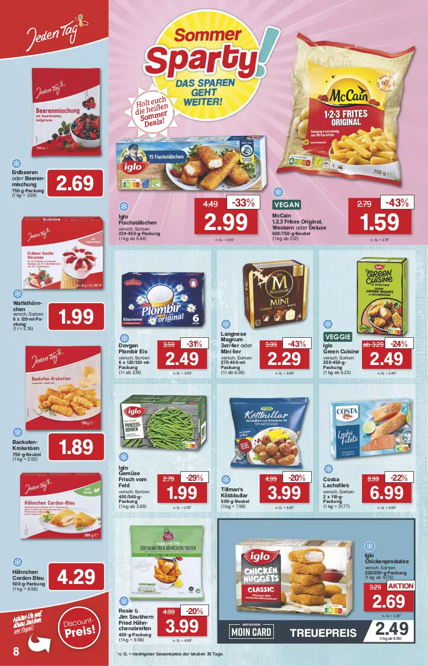 Aktueller Prospekt Famila - Prospekte - von 24.06 bis 29.06.2024 - strona 9 - produkty: backofen, beere, beeren, beutel, cordon bleu, dovgan, eis, erdbeere, erdbeeren, filet, fisch, fischstäbchen, gin, hörnchen, iglo, Kette, Köttbullar, Kroketten, lachs, lachsfilet, langnese, magnum, mccain, Ofen, reifen, reis, Ti, veggie, Waffelhörnchen, Weste, ZTE