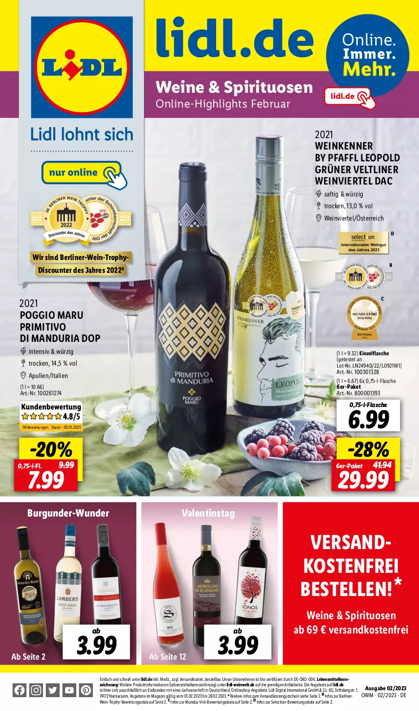 Aktueller Prospekt Lidl - Beste Weine für jeden Anlass - von 01.02 bis 28.02.2023 - strona 1 - produkty: angebot, angebote, berliner, bio, burgunder, discount, elle, flasche, grüner veltliner, gutschein, lebensmittel, magazin, ndk, primitivo, Ria, rwe, saft, spirituosen, Ti, versandkostenfrei, wein, weine