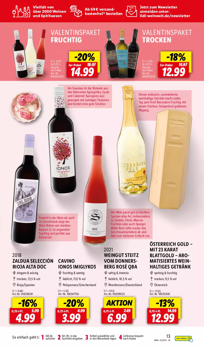 Aktueller Prospekt Lidl - Beste Weine für jeden Anlass - von 01.02 bis 28.02.2023 - strona 13 - produkty: beere, beeren, cabernet, cabernet sauvignon, eis, elle, flasche, frucht, früchte, früchten, getränk, korb, mac, meeresfrüchte, ndk, pasta, perlen, rioja, rotwein, saft, salat, salate, sauvignon, spargel, spirituosen, Ti, usb, versandkostenfrei, wein, weine